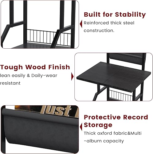 Miniatura 7 de Soporte para tocadiscos con almacenamiento de vinilo, mesa para tocadiscos con capacidad para hasta 200 álbumes, soporte giratorio de 5 niveles para