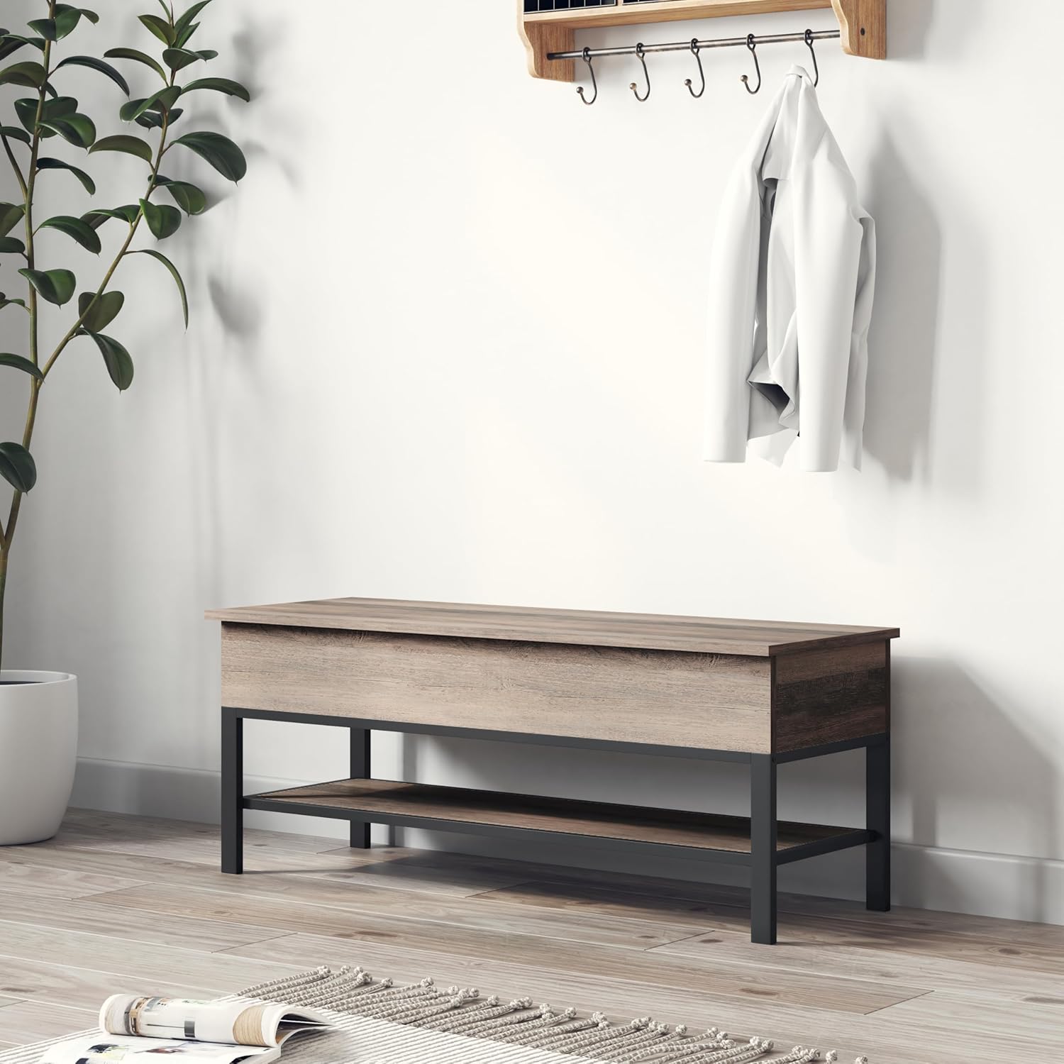 EMMA + OLIVER Marella Farmhouse Bench with Underseat and Lower Shelf Storage, 35.75", Gray Wash