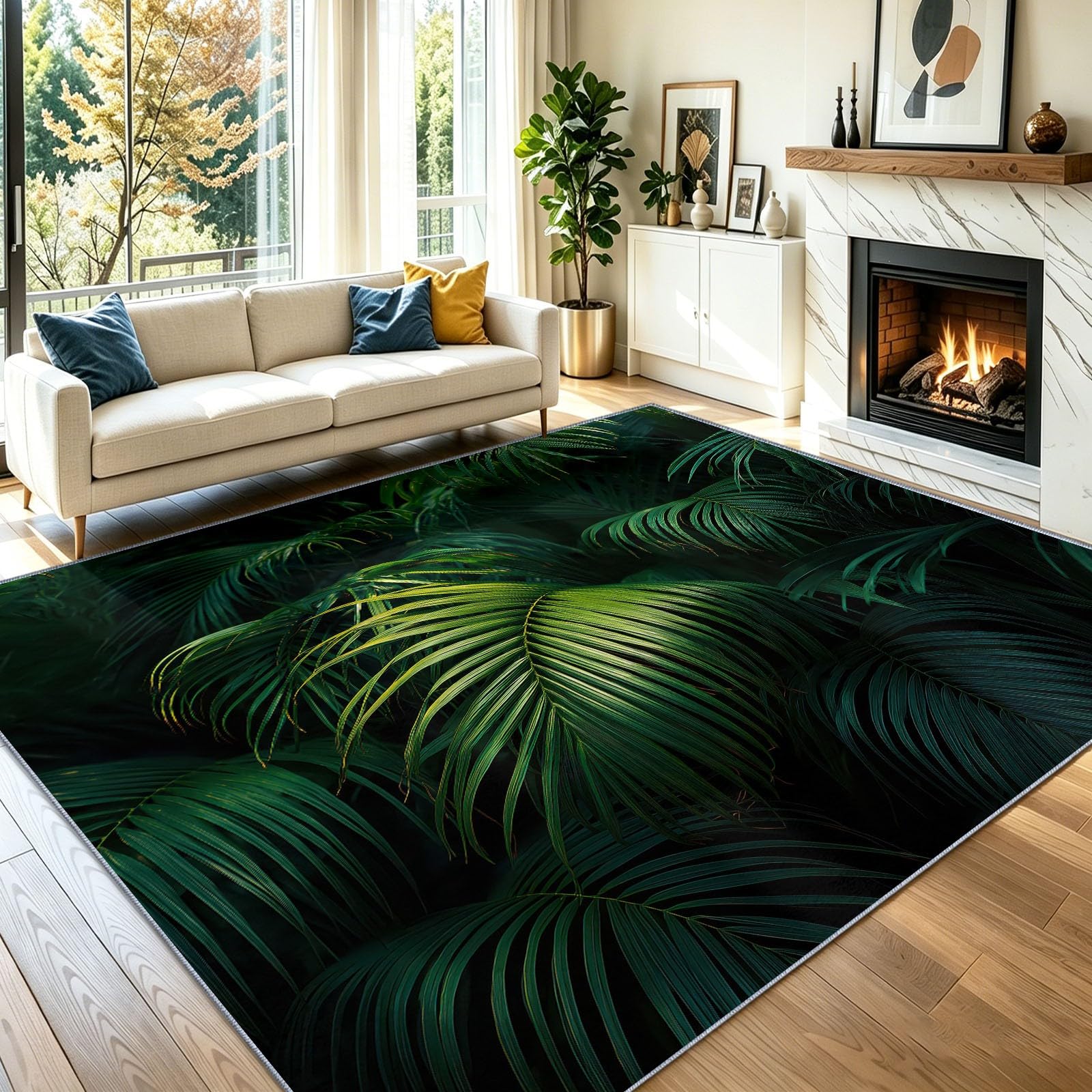 Générique Minimalist Tapis de Salon 80 x 150 cm, Flanelle Doux Lavable Antidérapant, Tapis à Poils Courts Nature Tropical Palmier Motif Feuillage Feuilles pour Salon Chambre Enfant Bureau, Vert