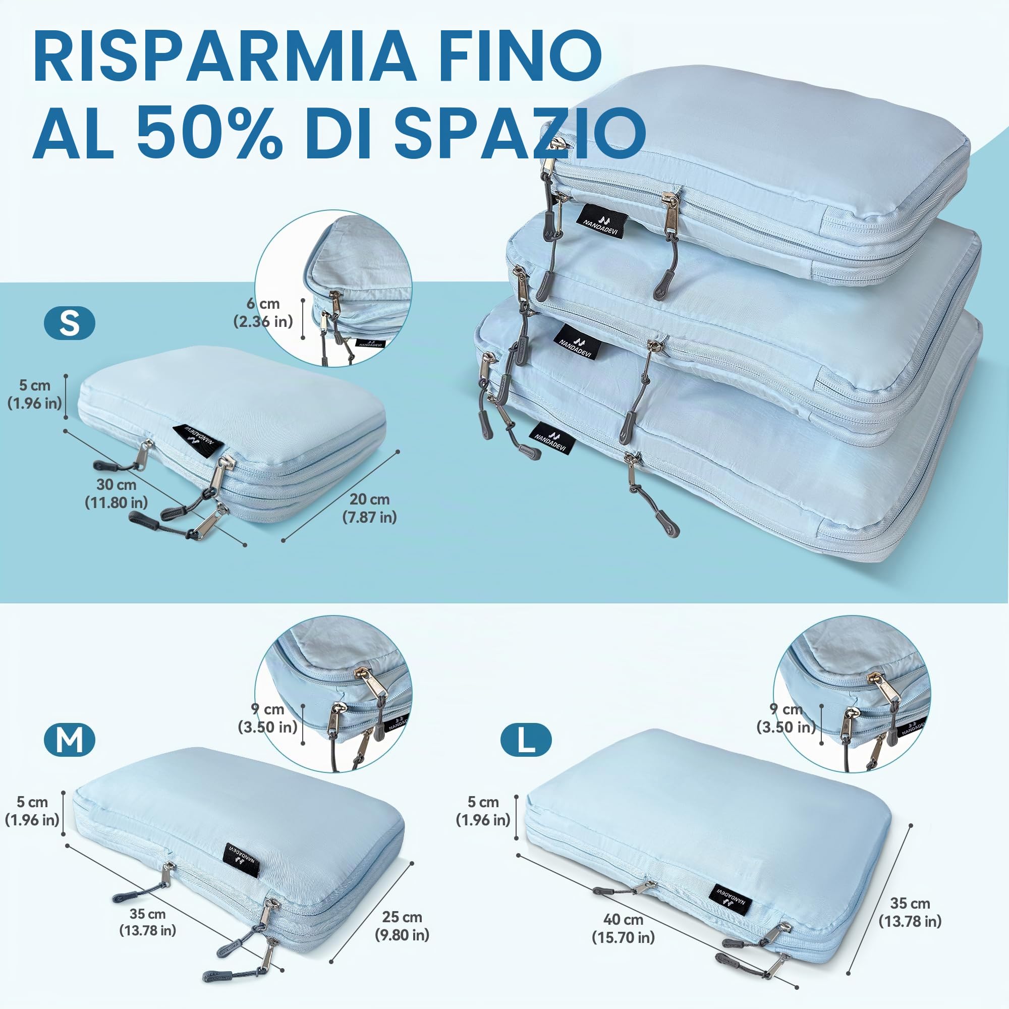 NANDADEVI Organizer per Valigia, Packing Cubes, Gadget da Viaggio, Essenziali da Viaggio, Organizer per Valigie e Zaini (S+M+L - Blu Chiaro)