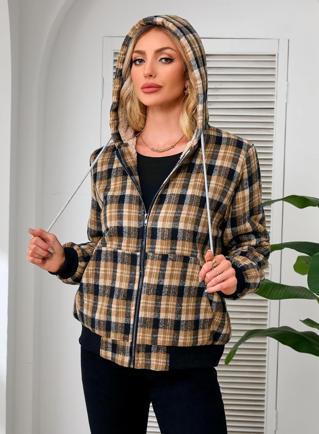 Shawnda Women's Flannel Casual Plaid Full Zip Up Sherpa Lined Hoodie Jacket Coat with Pockets - Image 6