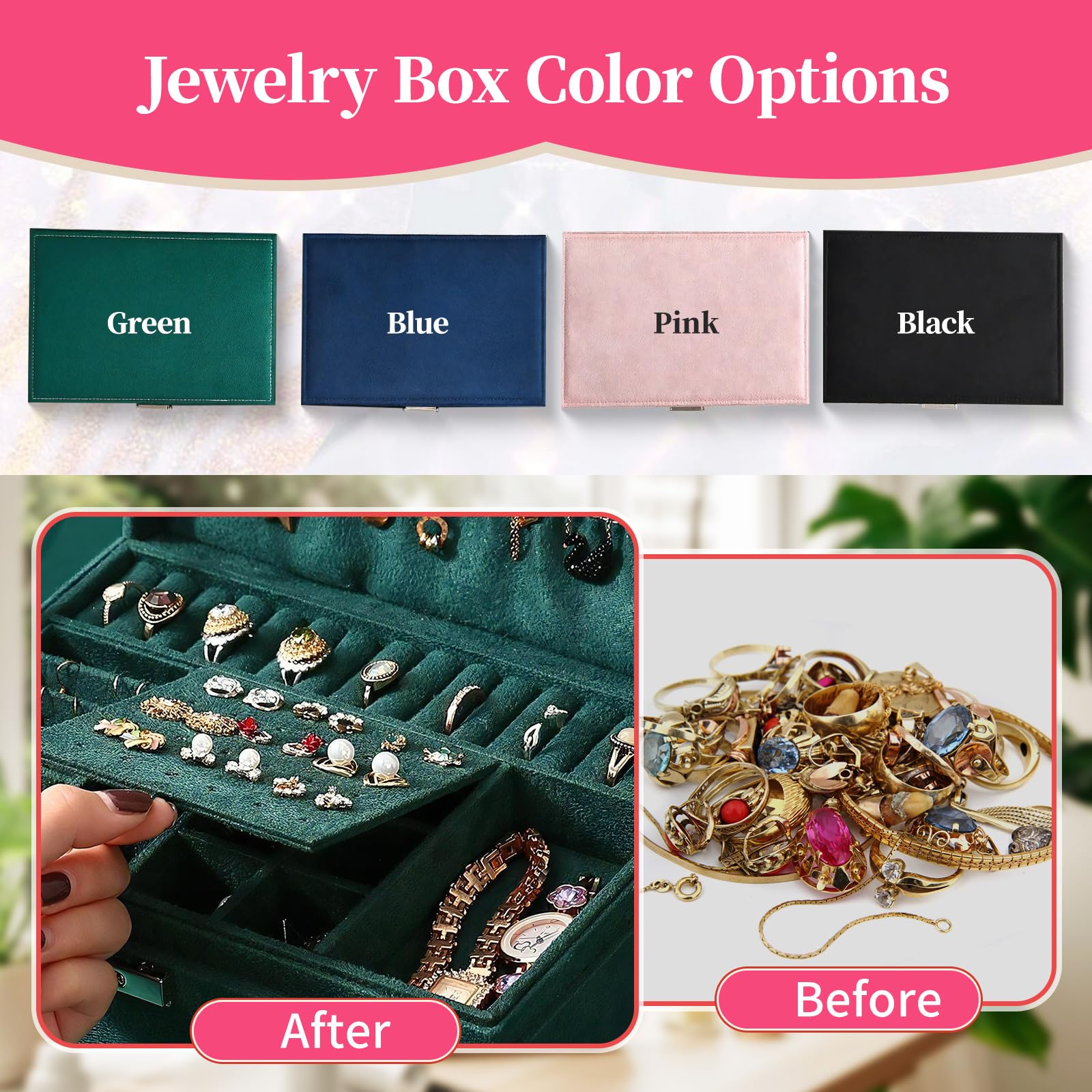 Grande boîte à bijoux personnalisée pour femme et fille, fleurs et nom personnalisés, boîte à bijoux en velours avec tiroir, cadeaux de demoiselle d'honneur, organisateur de voyage