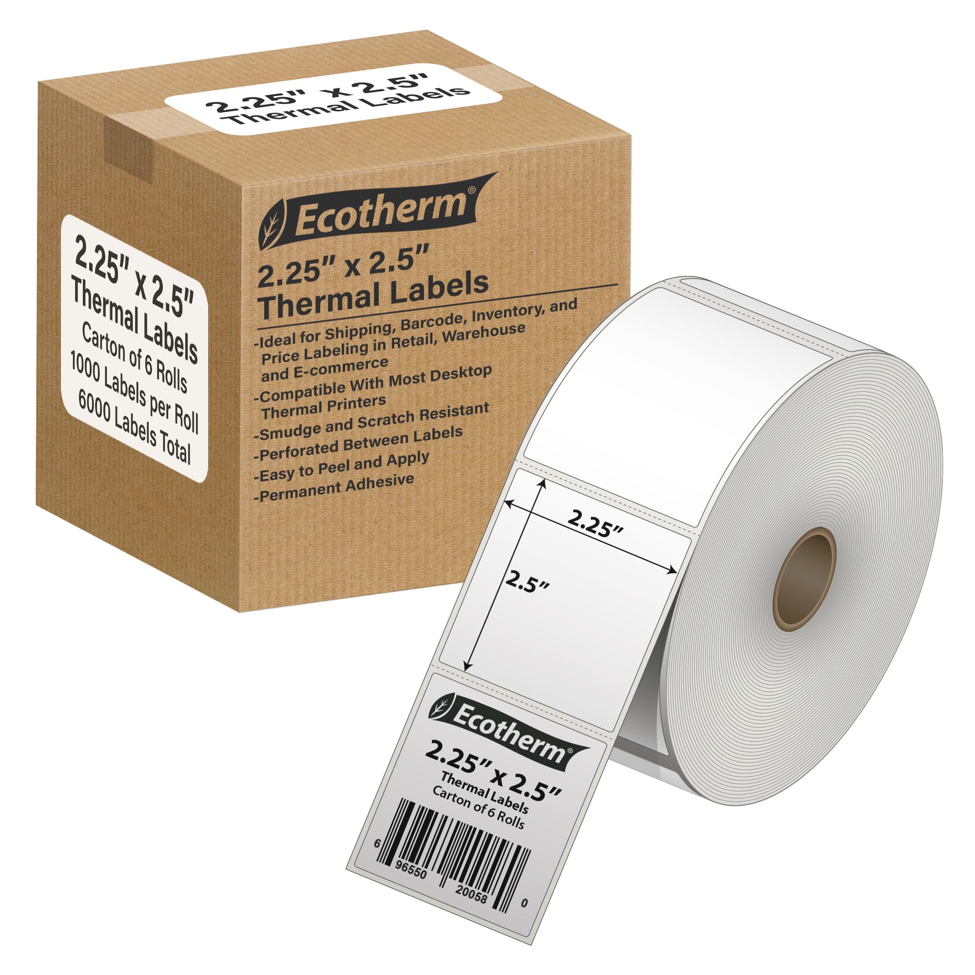 2.25" x 2.5" Thermal Labels | 6 Rolls | 6000 Labels | fits Zebra, Munbyn, Rollo, Godex, Arkscan, iDPRT, Offnova Thermal Label Printers and More |