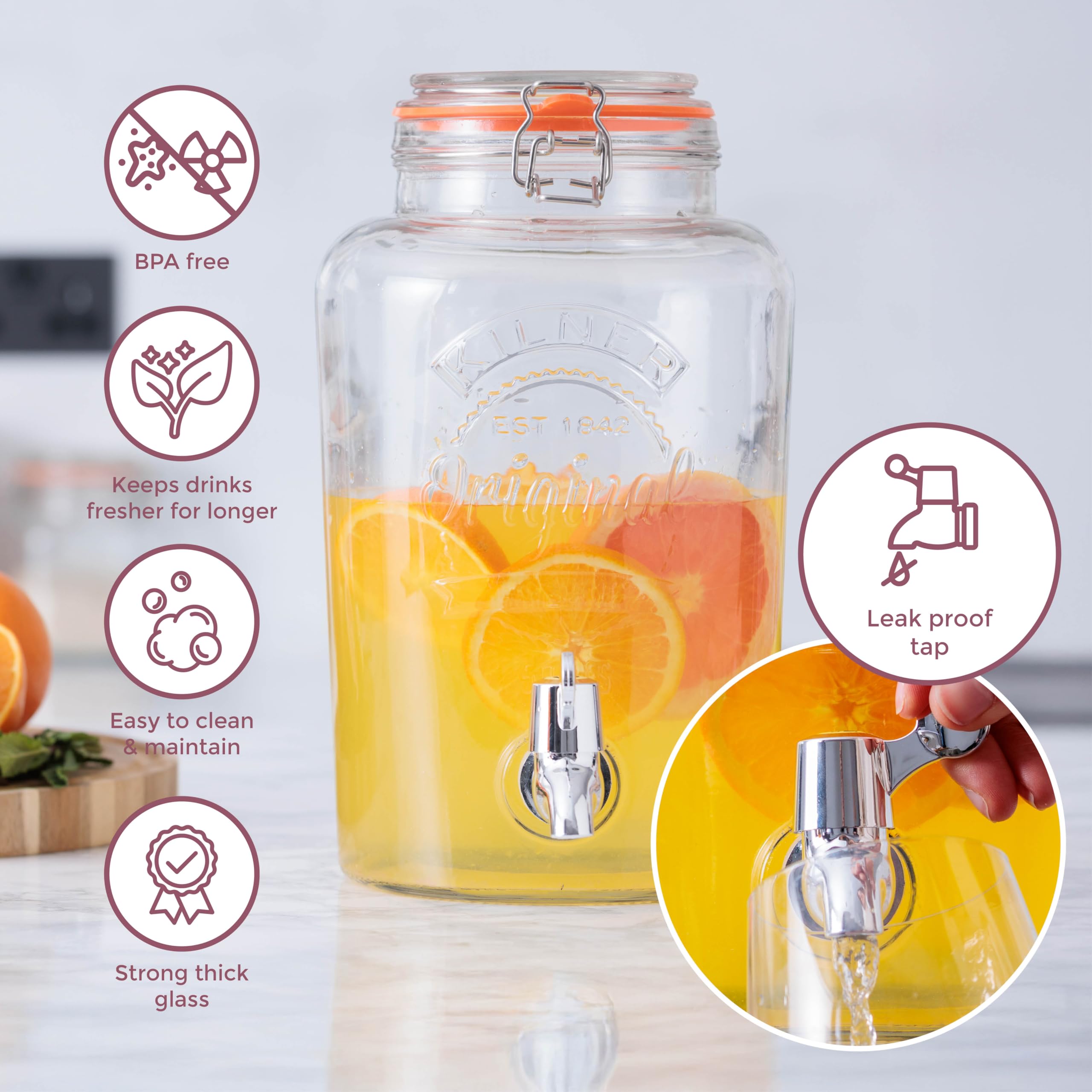Kilner Tarro de almacenamiento de vidrio de 5 litros con grifo dispensador hermético con clip superior para servir bebidas, cócteles y bebidas infusionadas, ideal para fiestas y bufés