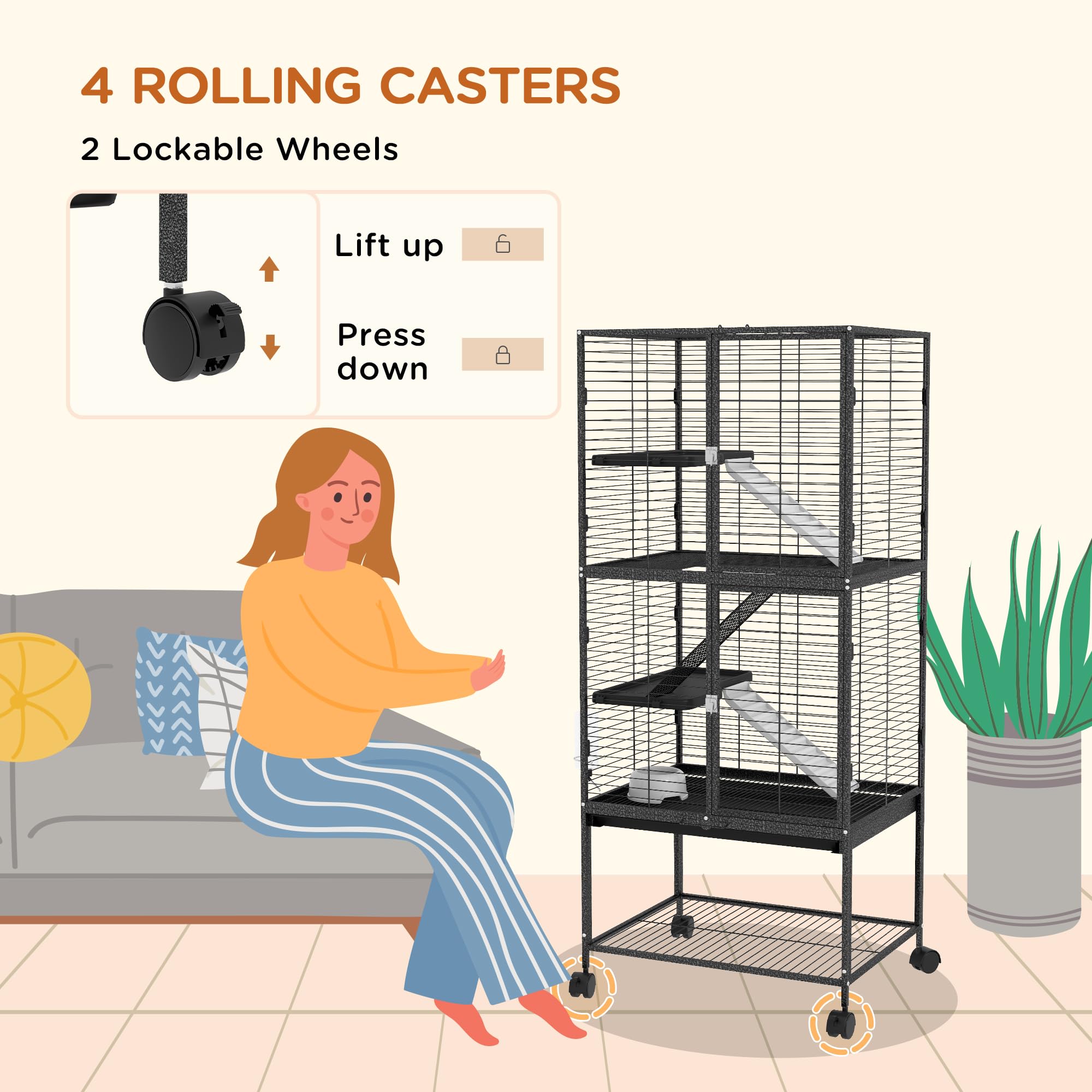 PawHut Jaula para hurón rodante para animales pequeños, jaula para mascotas de 4 niveles, 136 cm de altura para chinchillas, ardillas con 3 puertas, estante de almacenamiento, bandeja, cuenco, botella