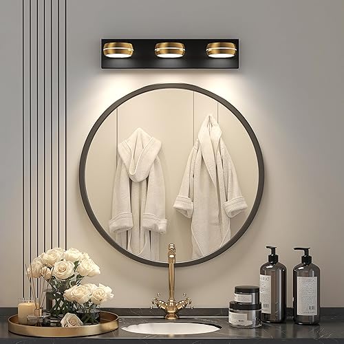 Miniatura 2 de Pasoar Lámparas LED de latón para baño, lámparas de baño modernas de 3 luces negras para espejo de interior dorado de 20.3 pulgadas, apliques de