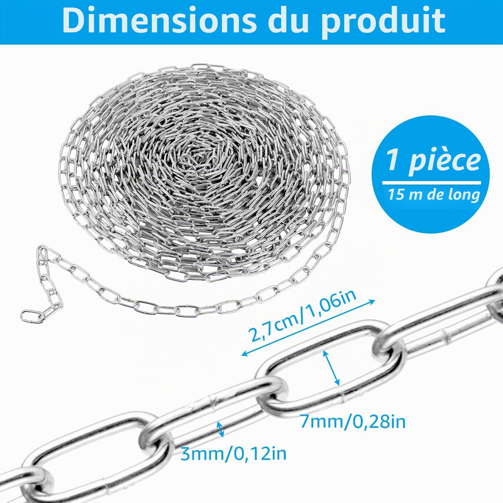 Chaine Acier, 15 m x 3 mm Chainette Metal, Starke de Chaîne, Chaine Chien pour Plantes Suspendues und Corde à Linge