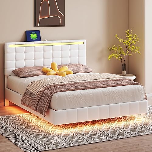 Base de cama flotante tamaño Queen con luces LED y estación de carga USB, cama de plataforma tapizada con cabecero, marco de cama LED moderno, no