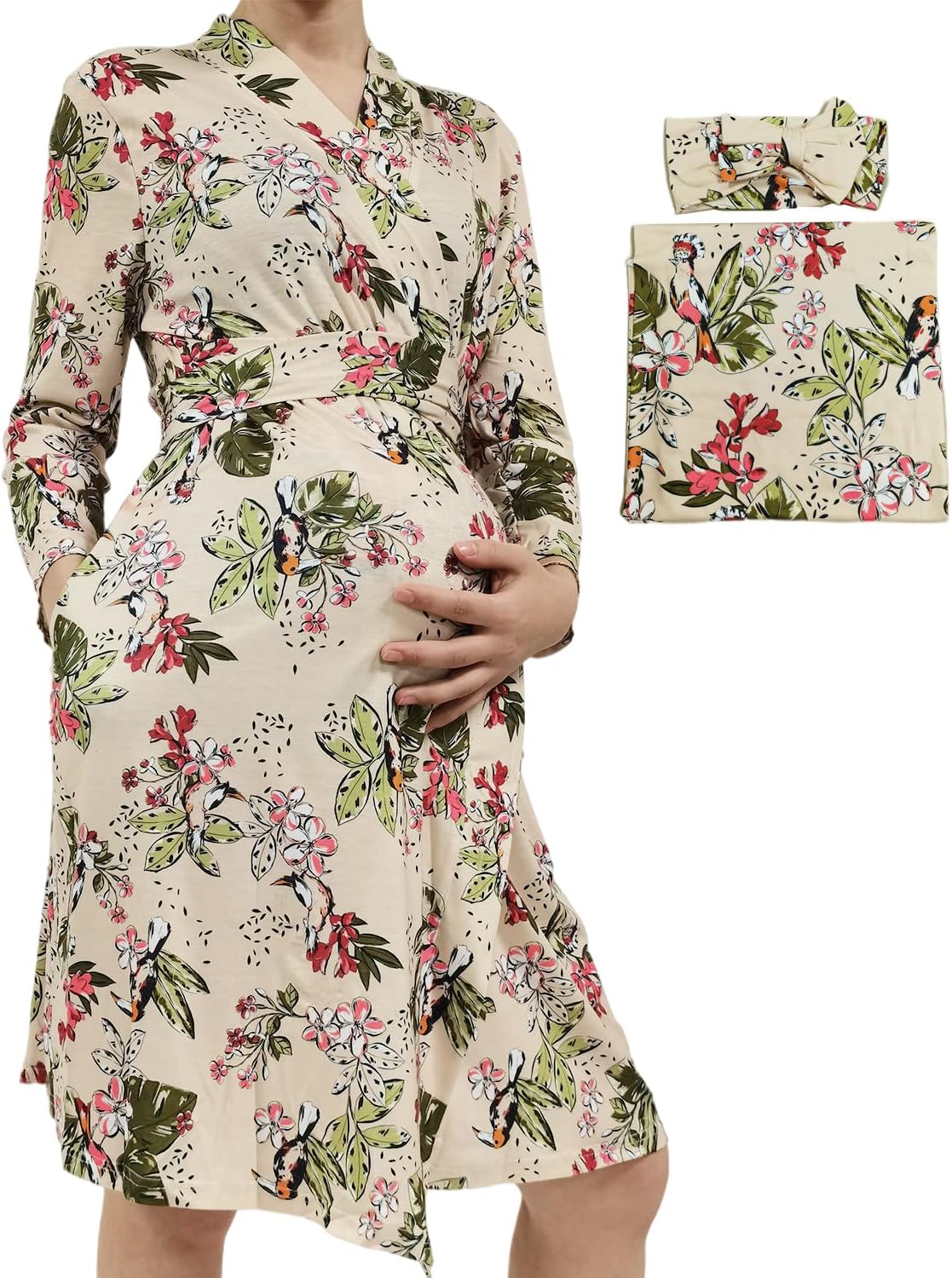 Women's Maternity Nursing Robe with Matching Swaddle Set