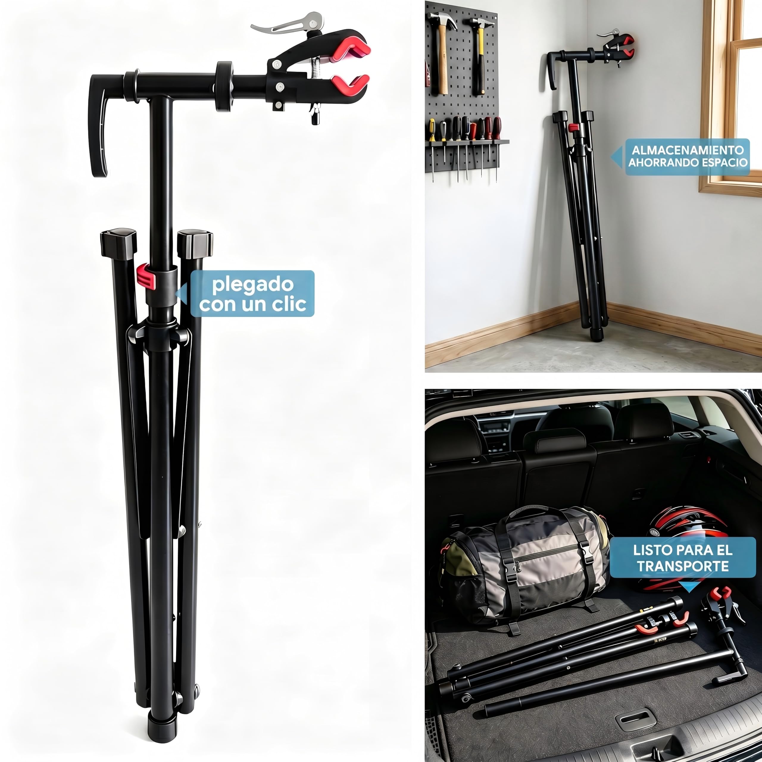 Caballetes para bicicletas, Soporte reparación bicicletas con base bajo centro gravedad estable, bandeja magnética herramientas, cabezal giratorio 360°, plegable, carga máxima 30 kg