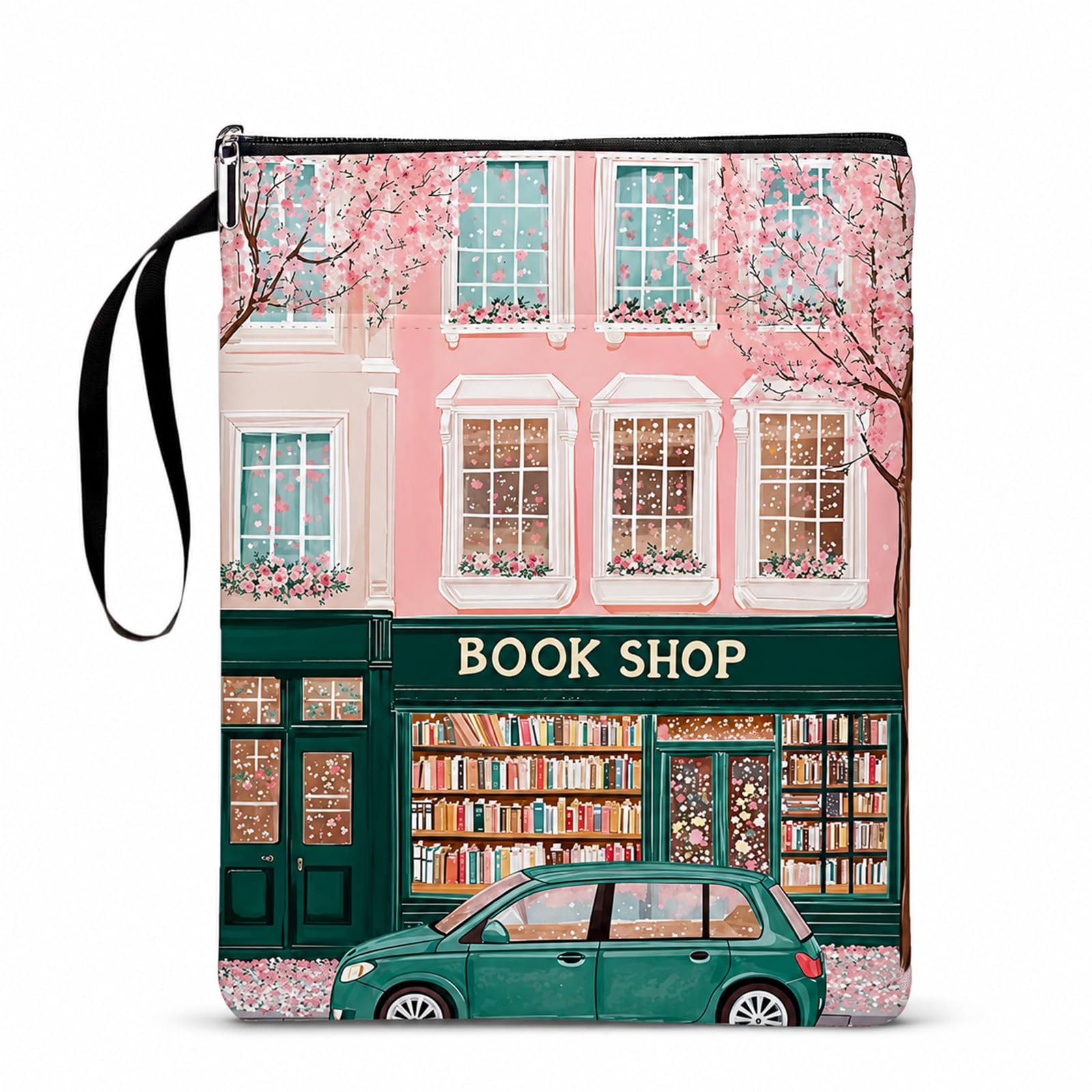 Pink & Green Book Shop Themed Book Sleeve, Waterproof Polyester Book Cover with Lanyard, Protector Pouch for Home School and Travel, Thoughtful Book Lover Gifts for Readers