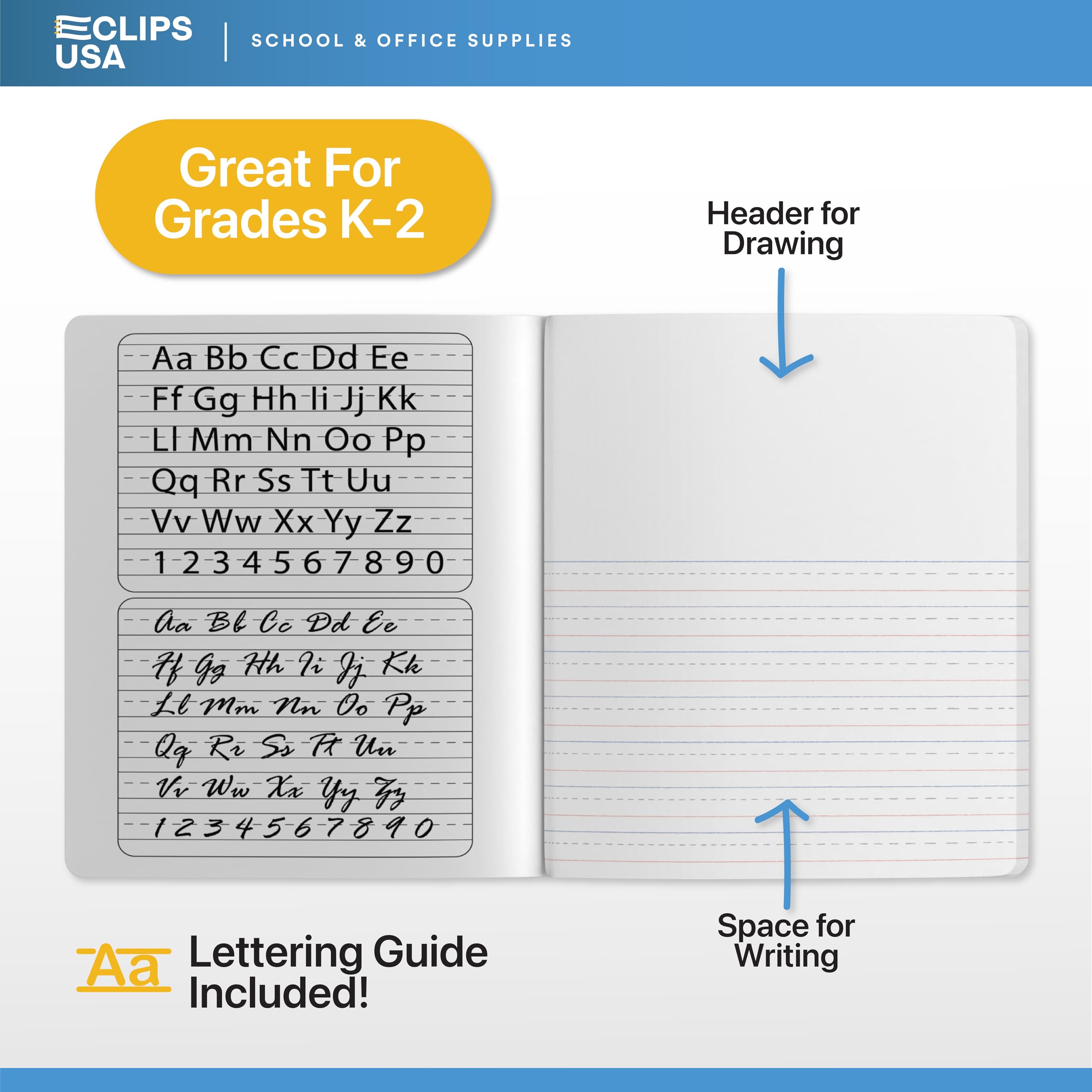 E-CLIPS USA Quaderno per composizione primaria K-2, a righe, per scrittura primaria, per bambini, 100 fogli, 200 pagine, 19 x 24,8 cm, confezione da 48 pezzi, assortiti