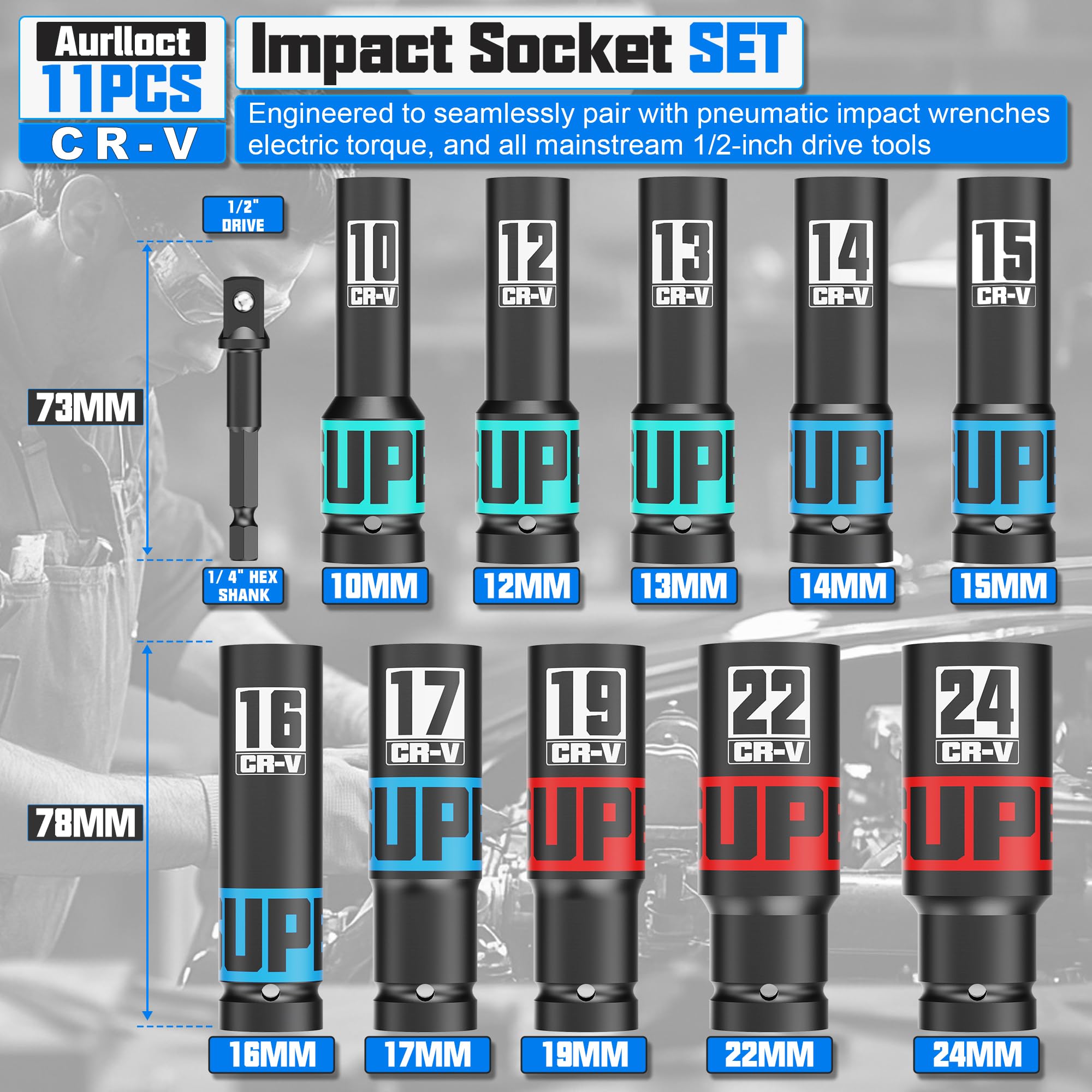 Aurlloct 1/2" Drive Impact Socket Set, 11Pcs Deep Sockets, 10-24 mm Hex Long Socket Set - Image 2