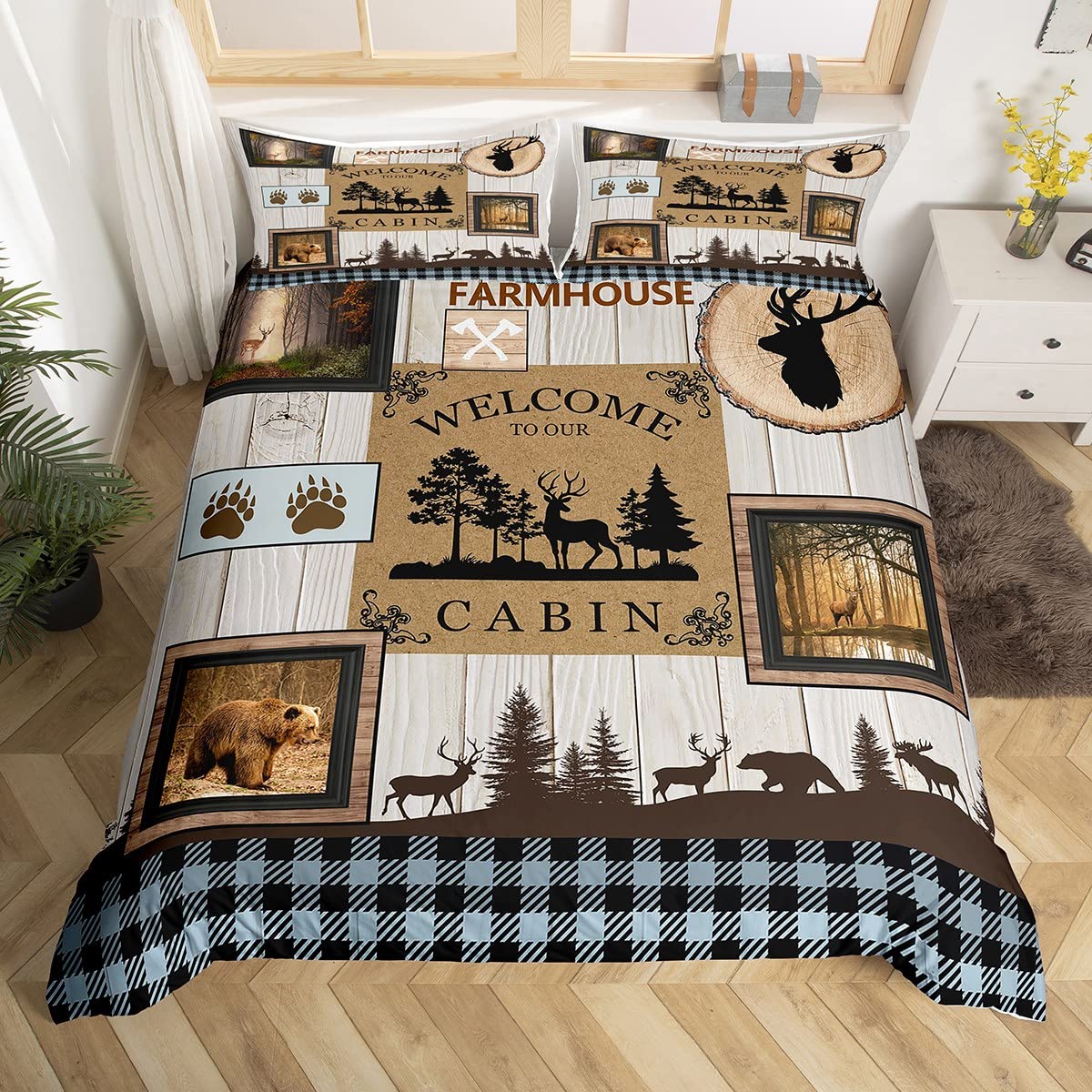 Rustic Cabin Bedding Sets Single,Woodland Wildlife Bear Moose Deer Comforter Cover for Men Boys Adults,Farmhouse Country Western Wooden Duvet Cover,Patchwork Blue Brown Buffalo Plaid Quilt Cover — image 1