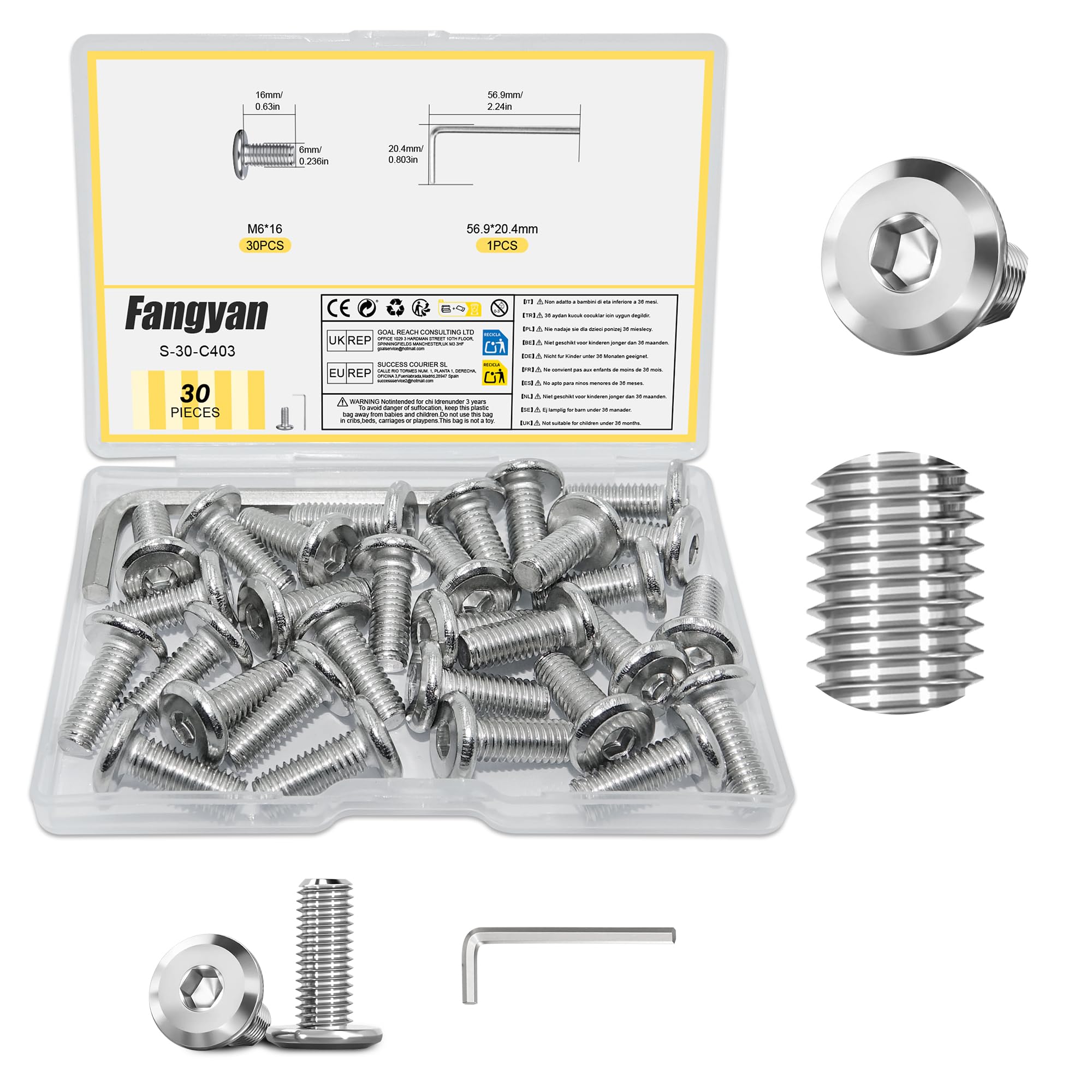 Fangyan 30PCS M6 x 16mm Flat Head Socket Screws, 304 Stainless Steel Large Flange Allen Machine Bolts with Hex Wrench, Hex Socket Fasteners for Furniture, Cabinets, Metal Frames & DIY Repairs