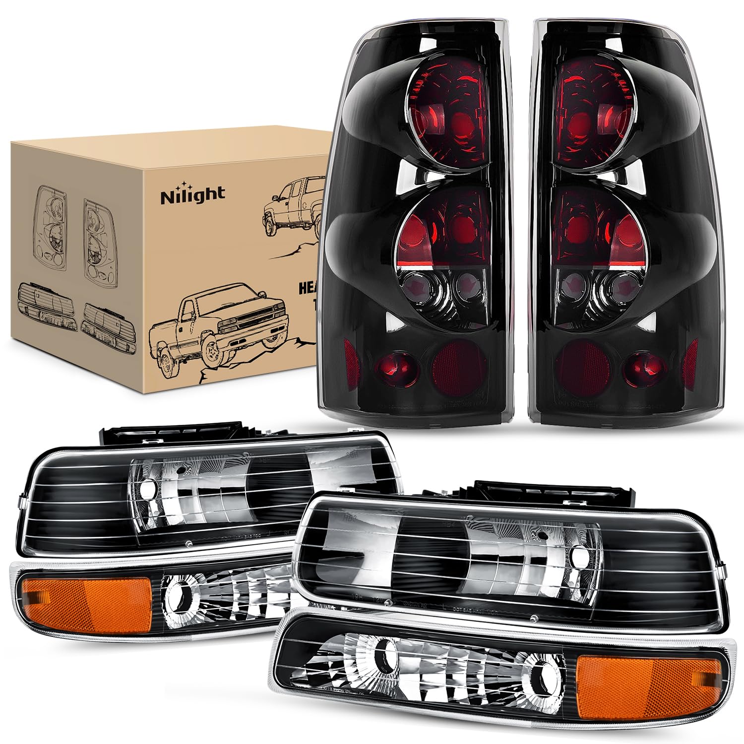 NilightHeadlight and Taillight Assembly Combo Compatible with 1999 2000 2001 2002 Chevy Silverado 1500 2500 2001 2002 Chevy Silverado 1500HD 2500HD 3500 OE Style Black Housing Amber Reflector Smoke