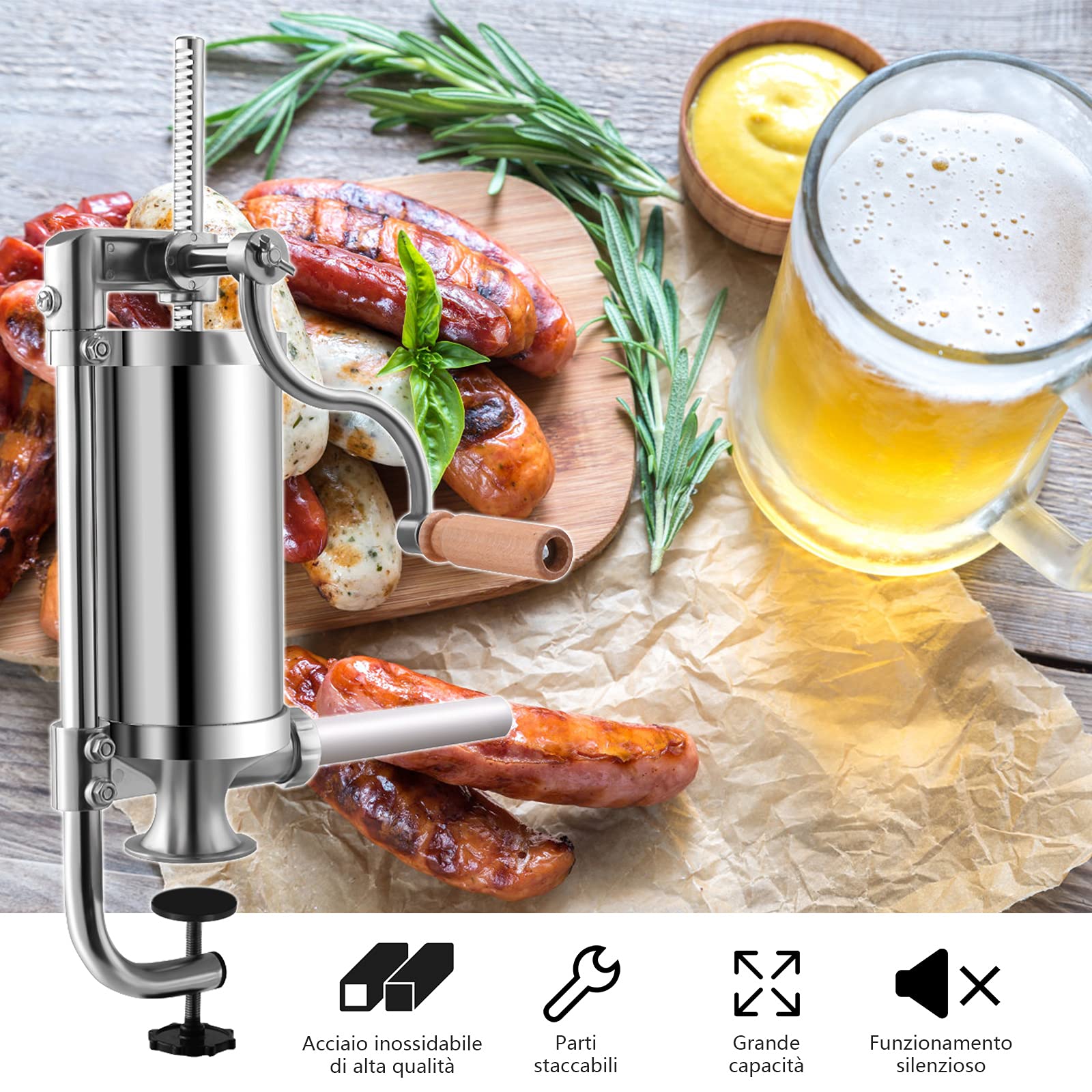 RELAX4LIFE Insaccatrice Manuale per Salsiccia in Acciaio Inox, Macchina di Produzione di Salsiccia con Tubi di Diversi Diametri, Fissaggio al Piano di Lavoro Regolabile, 1,5/2,5/3/5 KG (1,5 KG)