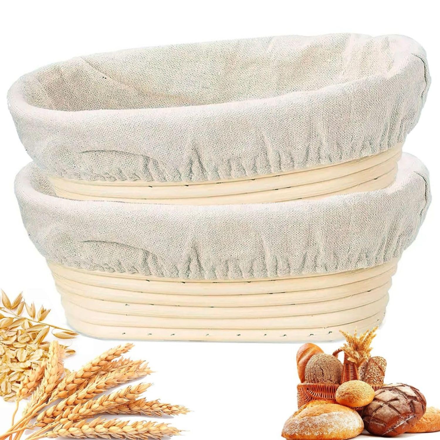 Homiely Brown Sourdough Proofing Basket Set Of 2 – 10" Oval Banneton Bread Making Basket, Natural Rattan Dough With Linen Cloth Liners For Home Bakers