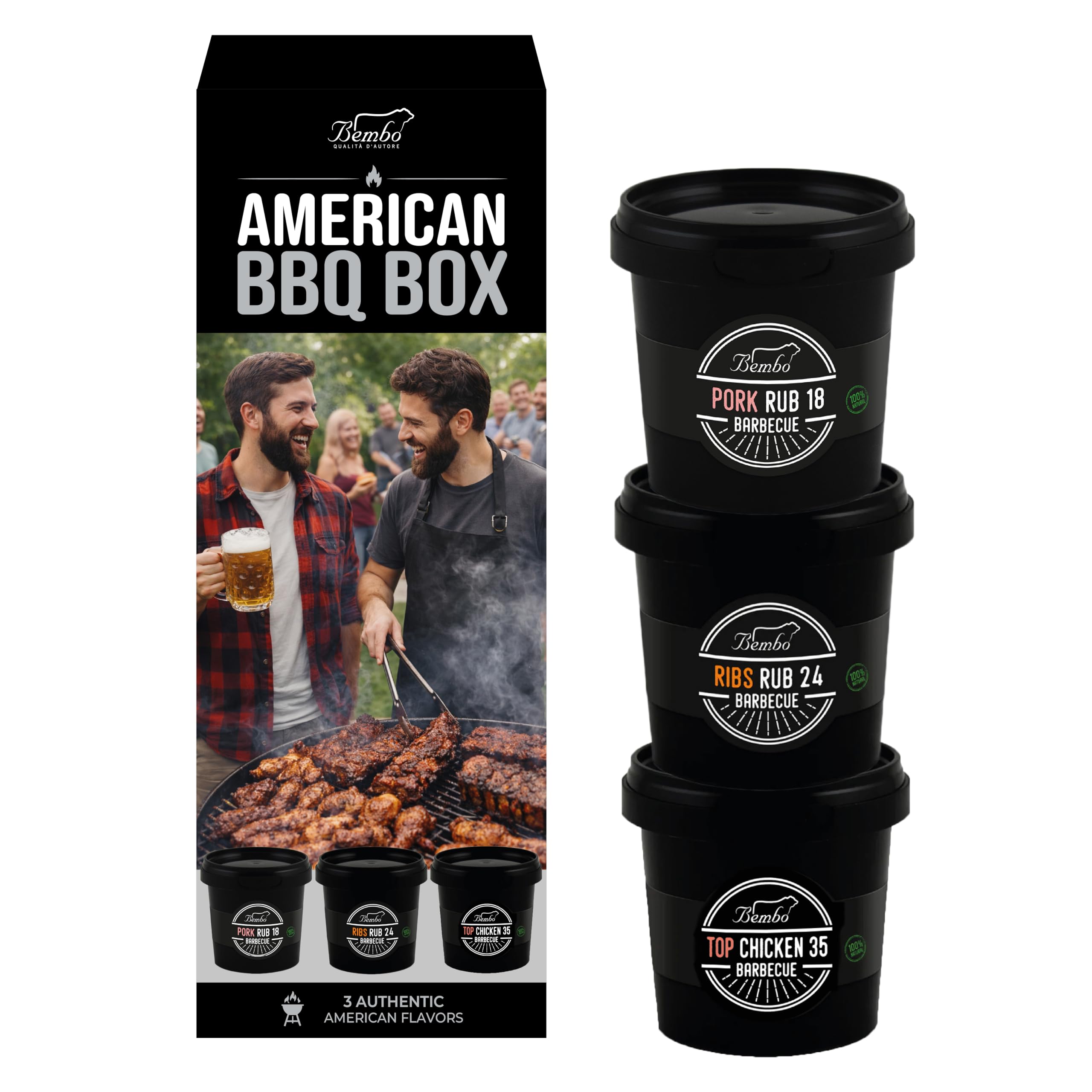 American BBQ Box Bembo – Set 3 Rub BBQ Premium per Chicken (100 g), Ribs (100 g) e Pork (100g) – Spezie Barbecue Americano per Pollo, Costine e Maiale – Kit BBQ per Griglia e Forno