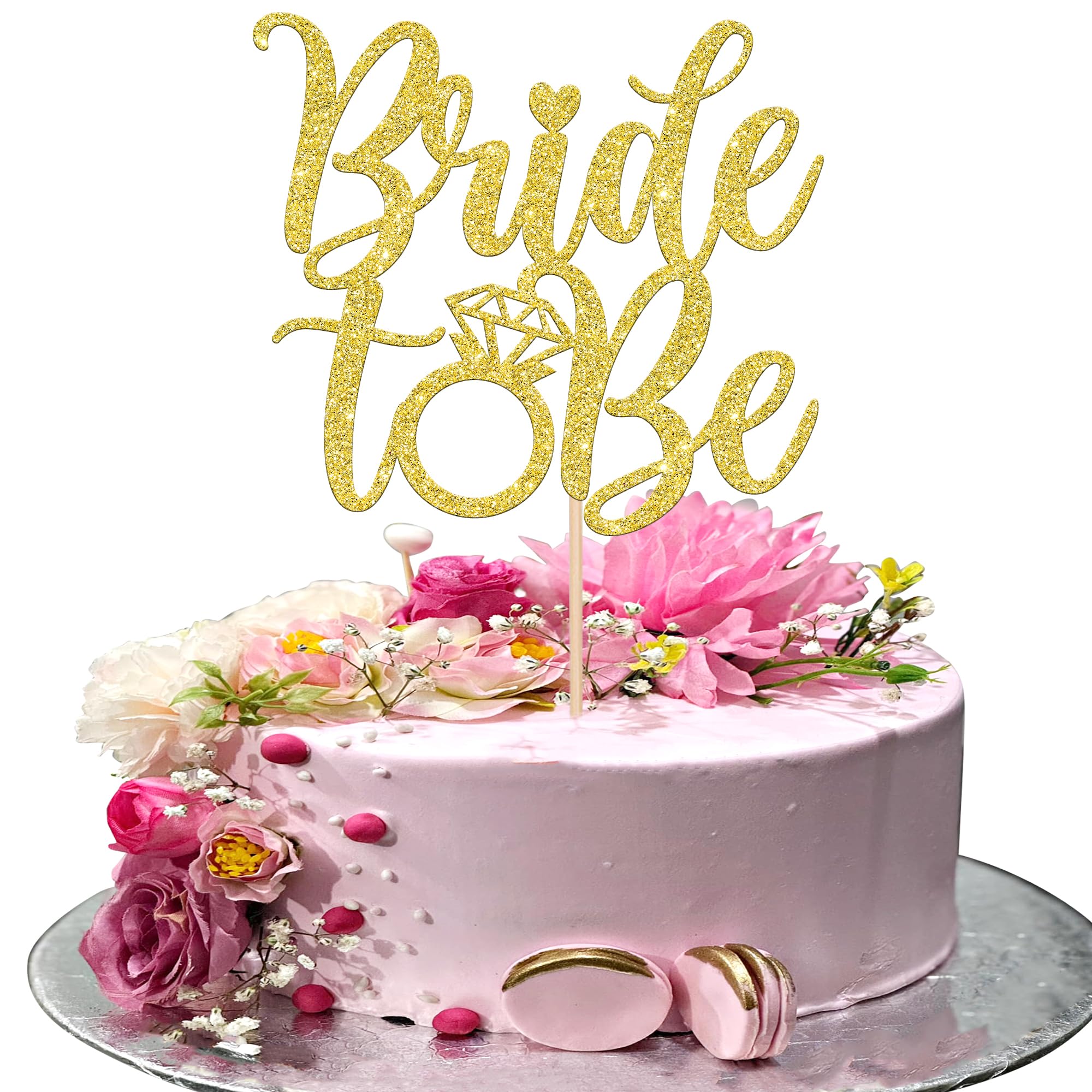 Xsstarmi 1 Pack Bride to Be Cake Topper Glitter Ring Diamond Cake Pick Wedding Engagement Cake Decorations for Wedding Bridal Shower Hen Party Supplies Gold