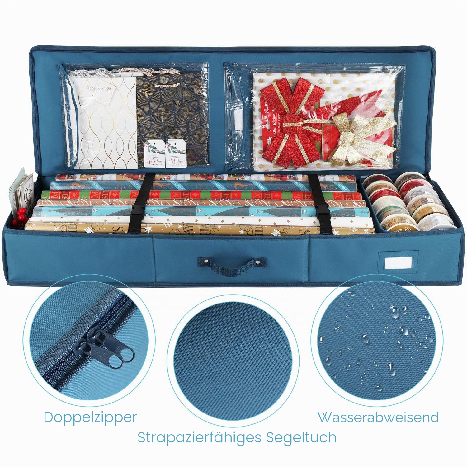 Hearth & Harbor Luxus Weihnachten Organizer Geschenkpapier Rollen Bettbehälter Aufbewahrungsbox für Urlaub Zubehör 600D Oxford Polyester Gewebe Medium stahlblau