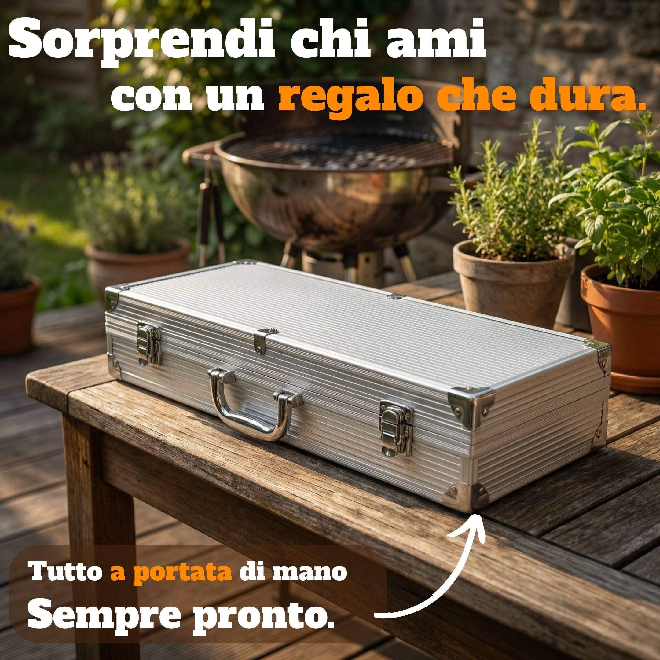 Set attrezzi barbecue per uomo in acciaio inox nella valigetta in metallo