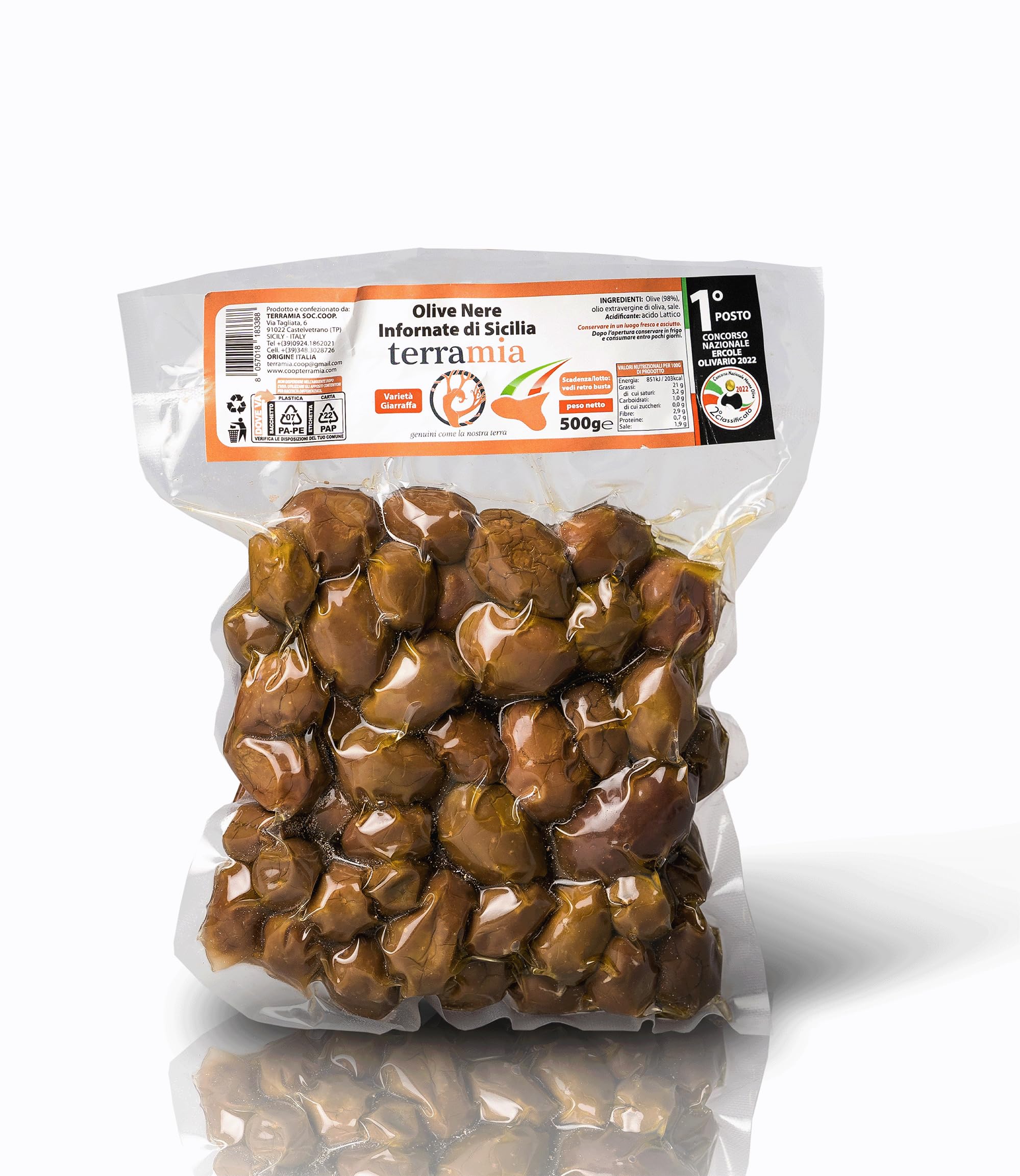Terramia Olive Nere al Forno Siciliane Varietà "Giarraffa" – Prodotto Artigianale da Azienda Premiata Ercole Olivario e Monna Oliva, Formato Scorta 2kg (4 Buste x 500g)