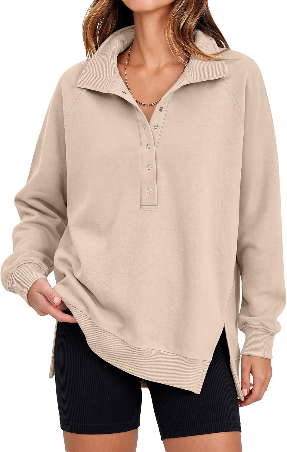 ANRABESS Women's Oversized Button Up Henley Sweatshirts | Collared V Neck Long Sleeve Hoodies Shirt，Cozy Fleece Pullover Top, Casual Fall Outfits，Side Slit,College Teen Preppy Clothes