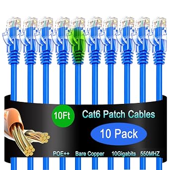 Cat6 Ethernet Patch Cable 10 ft 10 Pack, Cat6 Patch Cable for Data Centers, Cat 6 Patch Cable 10G, Network Patch Cables for Home and Enterprise Network -Blue