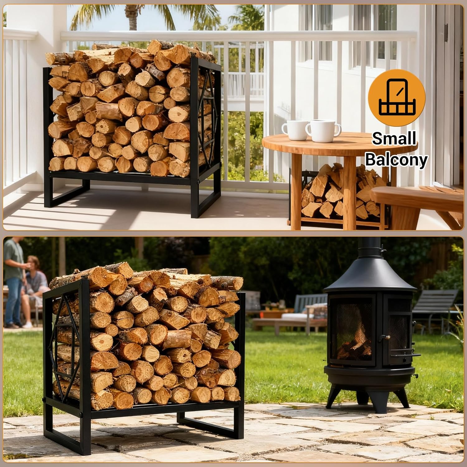 Firewood Holder, 1Pcs Black Surface Coated Firewood, Space-Saving Compact Size, Decorative & Ventilated Design, Versatile Indoor & Outdoor Use, Stable & Easy to Assemble