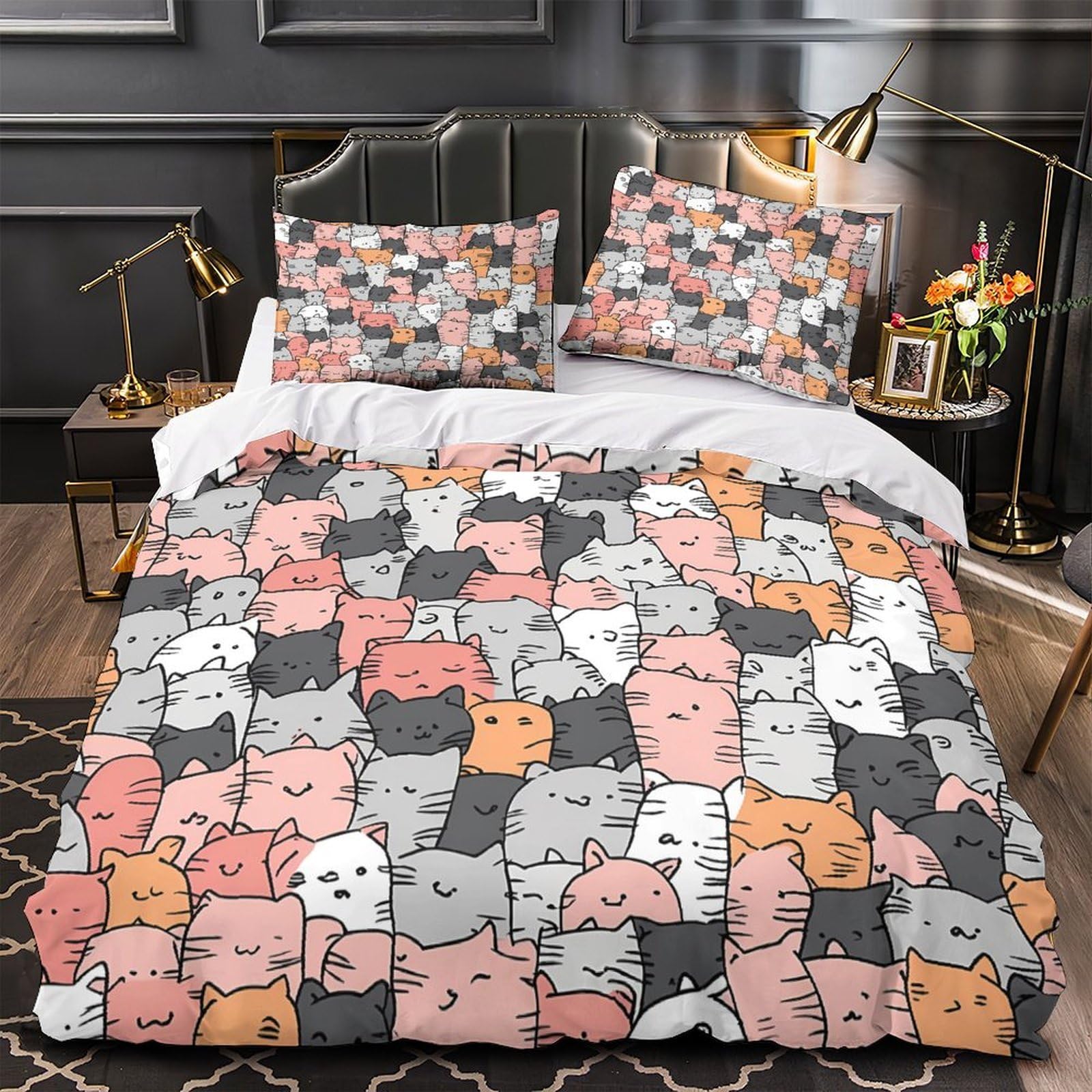 Housse de couette chat 3D microfibre anti-plis avec fermeture éclair cachée