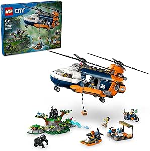 LEGO City Jungle Explorer Helicopter Toy at Base Camp - Kids Toy Adventure Building Set for Boys and Girls, Ages 8+ - with 5 Minifigures and Gorilla Figures - Gift Ideas for Birthdays - 60437