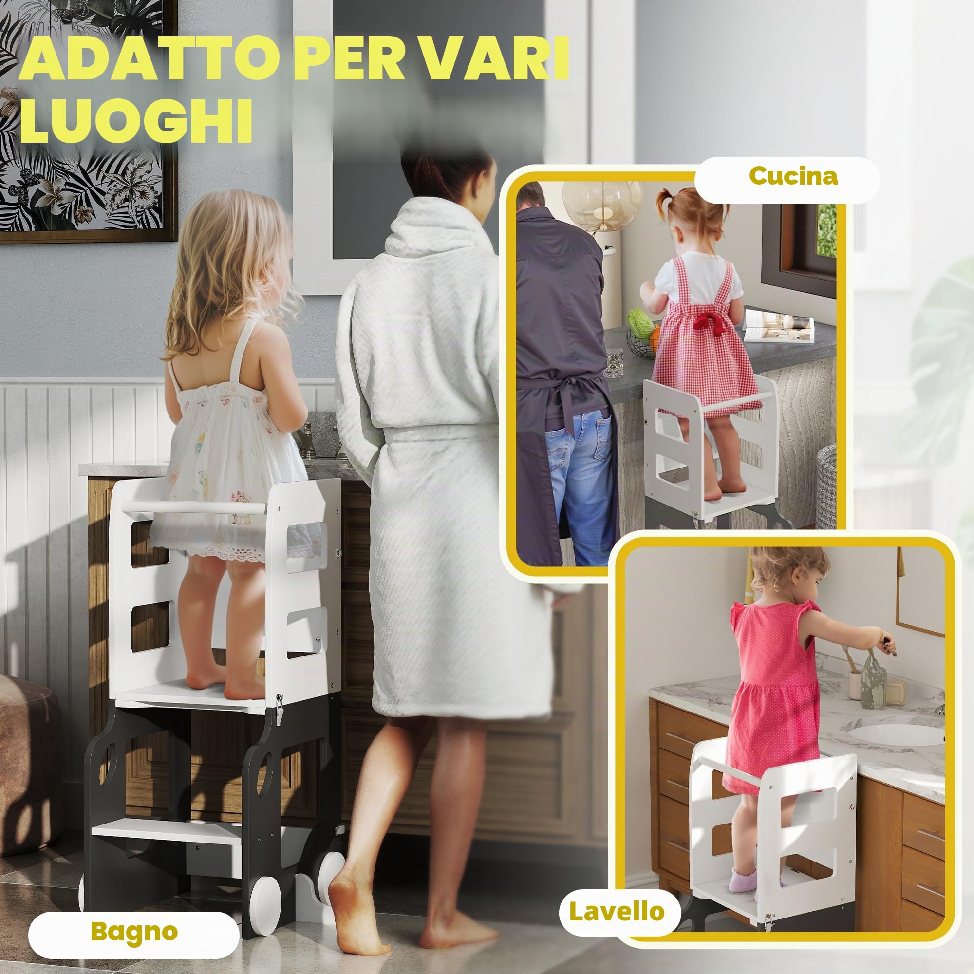 AIYAPLAY Scala Montessori 4 in 1 Pieghevole per Bambini 3-6 Anni con 2 Lavagne e Set Tavolo e Sedia, Torre Montessoriana a Forma di Auto in MDF e Legno di Pino, 58x46x92 cm, Bianco