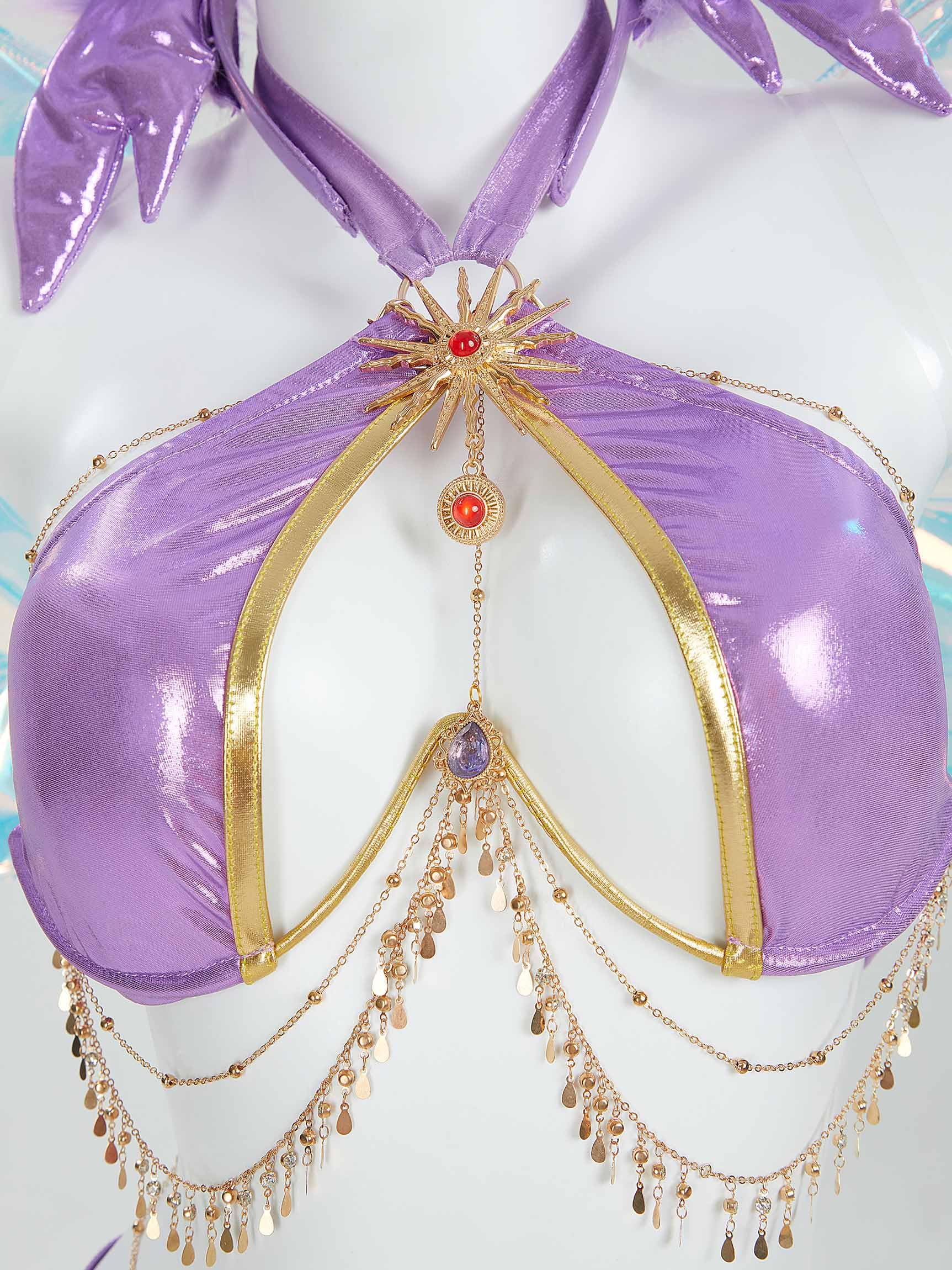 Mobbunny Women's Anime Cosplay Costume Purple Elf Style Gauzy Dress Halter Top and Panty Set with Sleeves Princess Costume