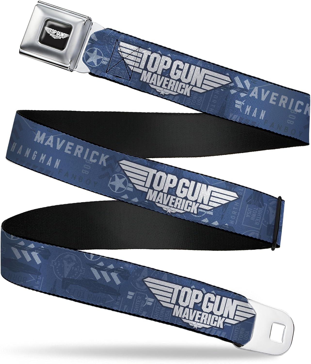 Top Gun Belt, Seatbelt Buckle Belt, Top Gun Maverick Title Logo and Icons Blues White, 30 to 44 Inches