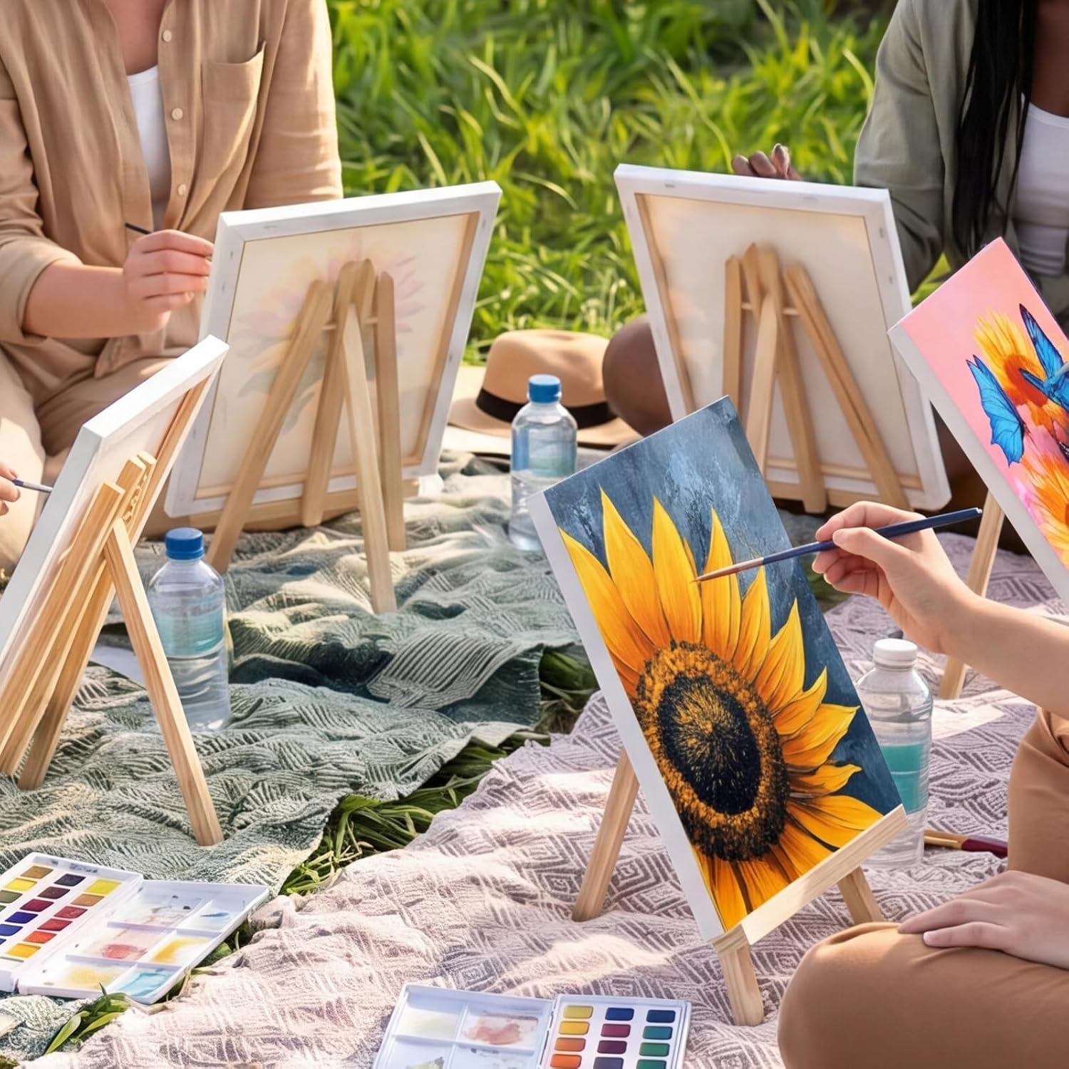 Marspark 12 Set Sunflower Pre Drawn Canvas Pre Printed Canvas Set for Adults Sip and Paint Kit 8 x 10 Inch Painting with Tools for Theme Painting Night Party Favor