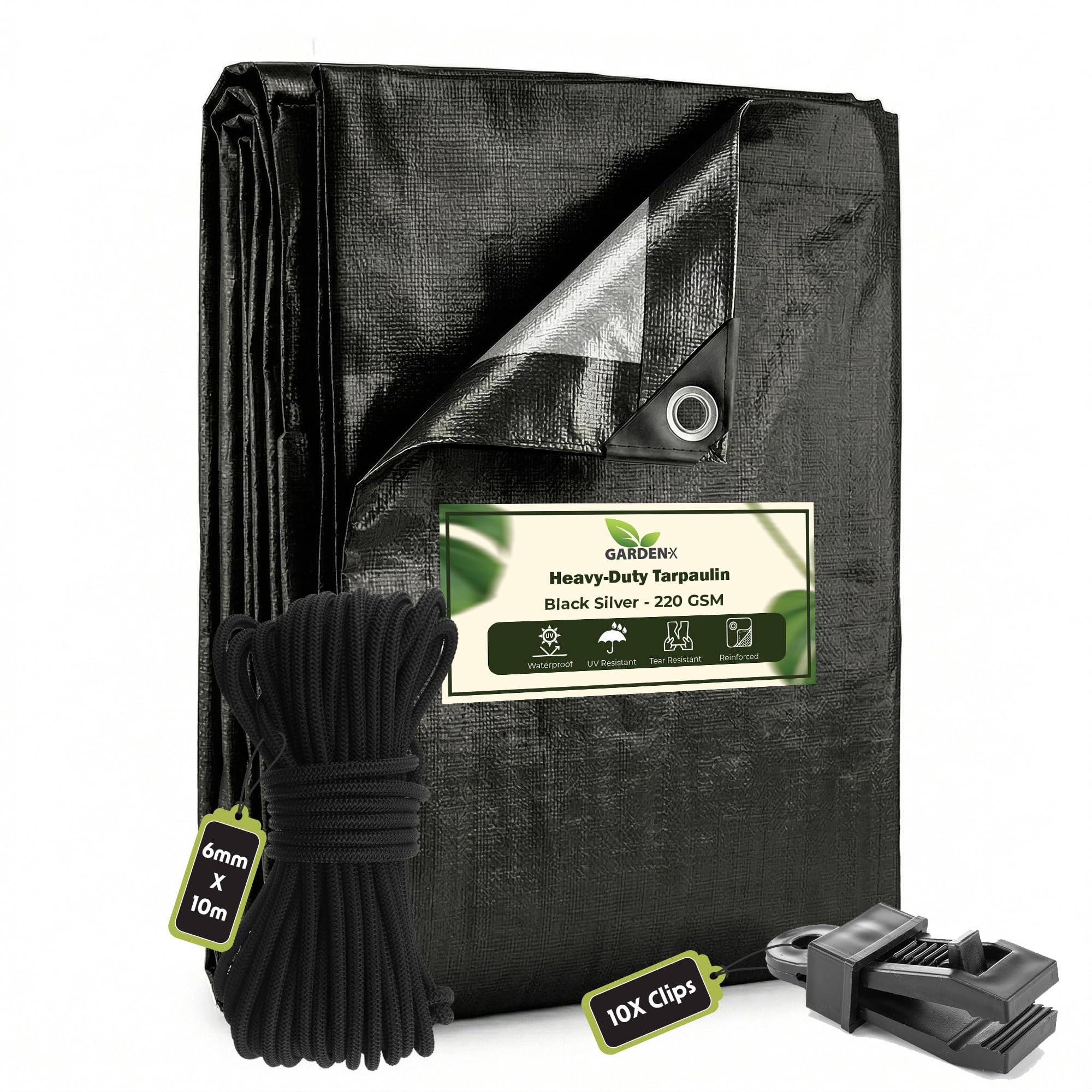 GARDENIX 3m x 4m Black Heavy Duty 220gsm- eyelets every 50 cm Tarpaulin Waterproof Tarp Sheet Cover, Groundsheet Reinforced + 10m of 6mm Bungee Rope + 10 x Slide Type Tarp Clips