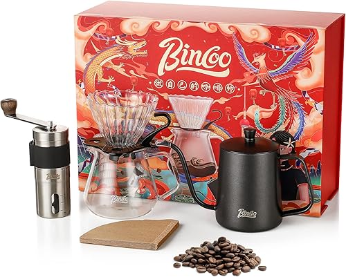 Miniatura 9 de Bincoo Juego de 5 piezas para cafetera con molinillo de café manual y hervidor de café de 20.3 fl oz, portátil, profesional, hecho a mano, juego de