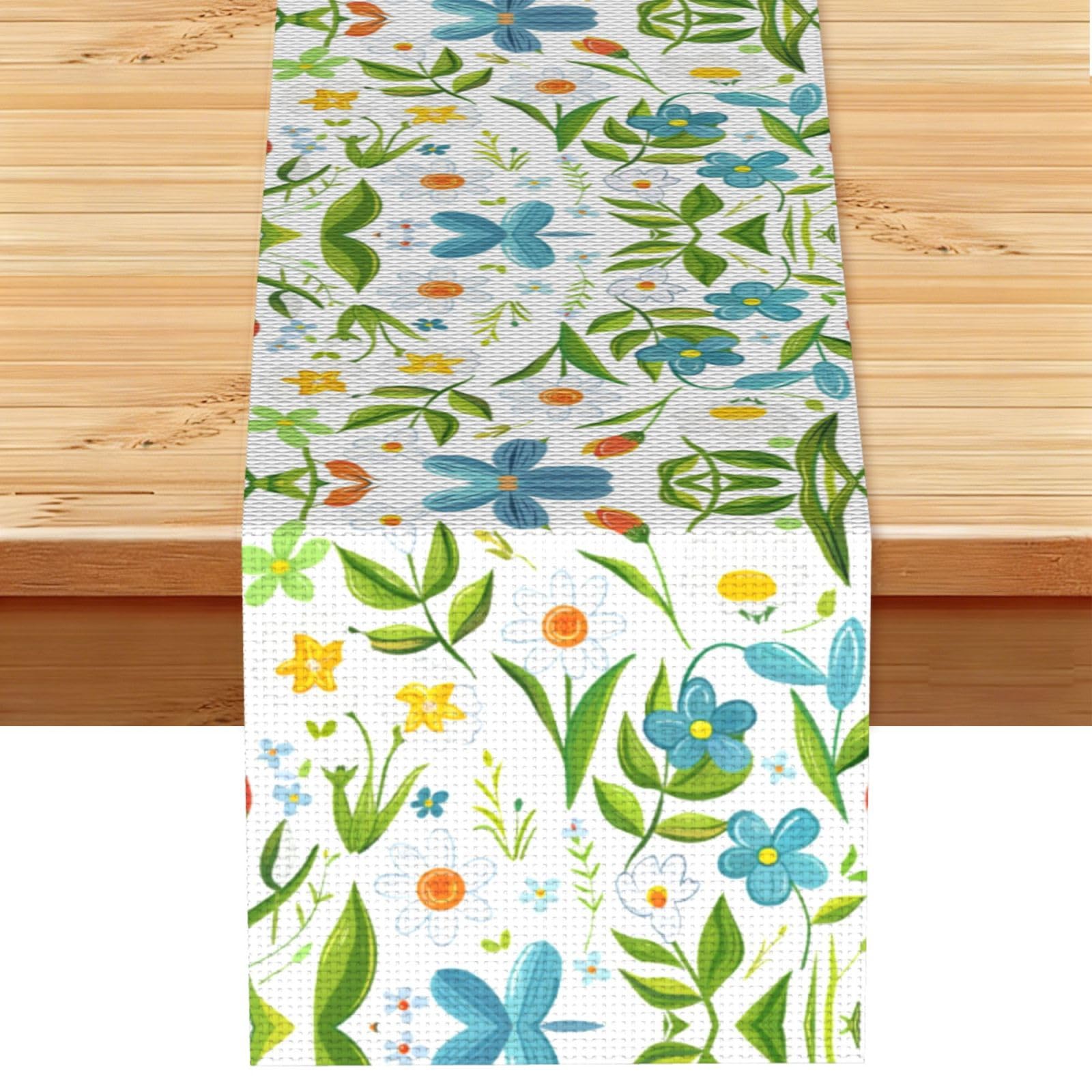 Crisp White Blue Blooms Printed Table Runner 13 x 72, Wrinkle Resistant Decor for Dining Table Coffee Table Fireplace