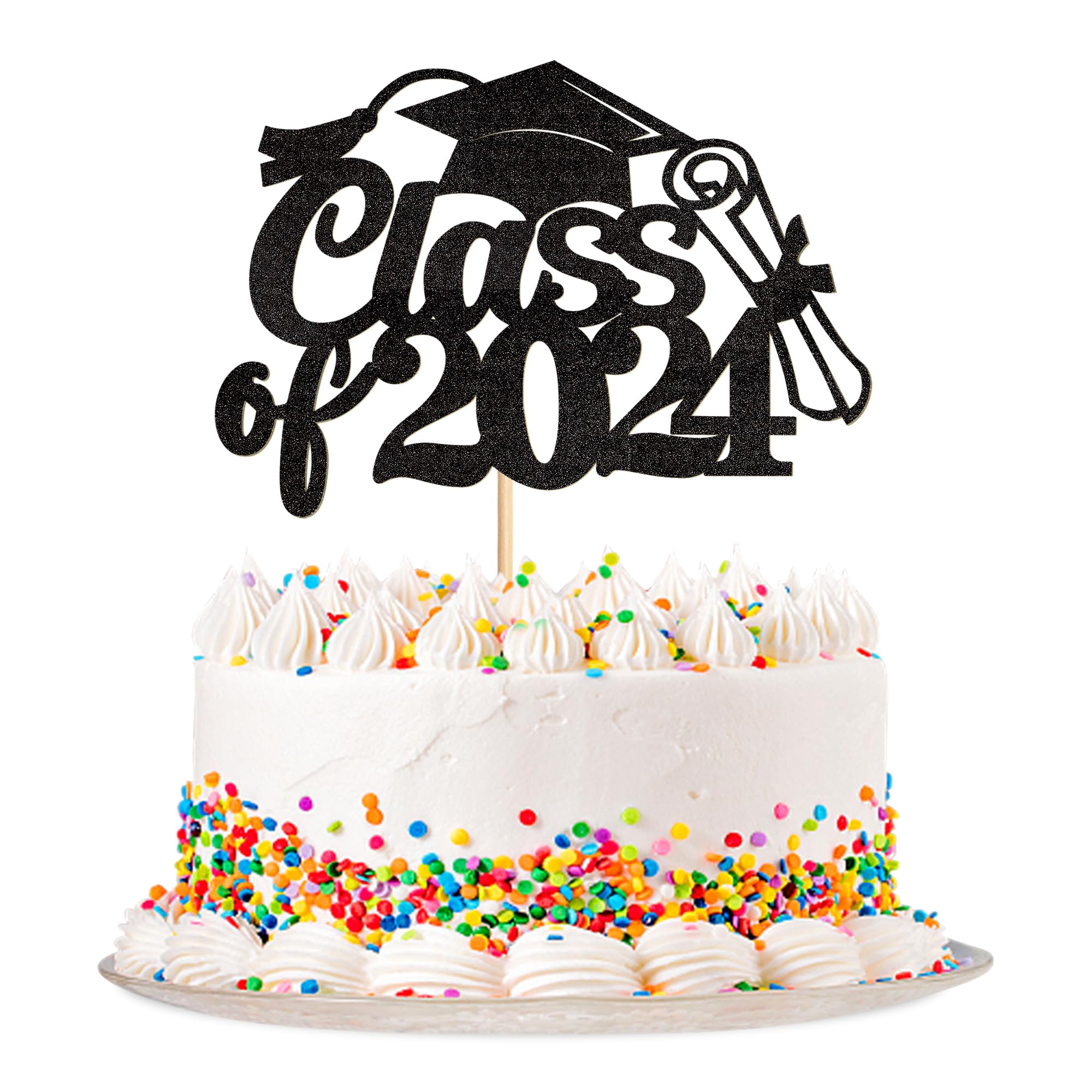 Ercadio 1 Pack Congrats Class of 2024 Cake Topper Black Glitter Grad Cap Diploma Class of 2024 Cake Picks Decorations for 2024 Graduation Theme Party Cake Decor Supplies