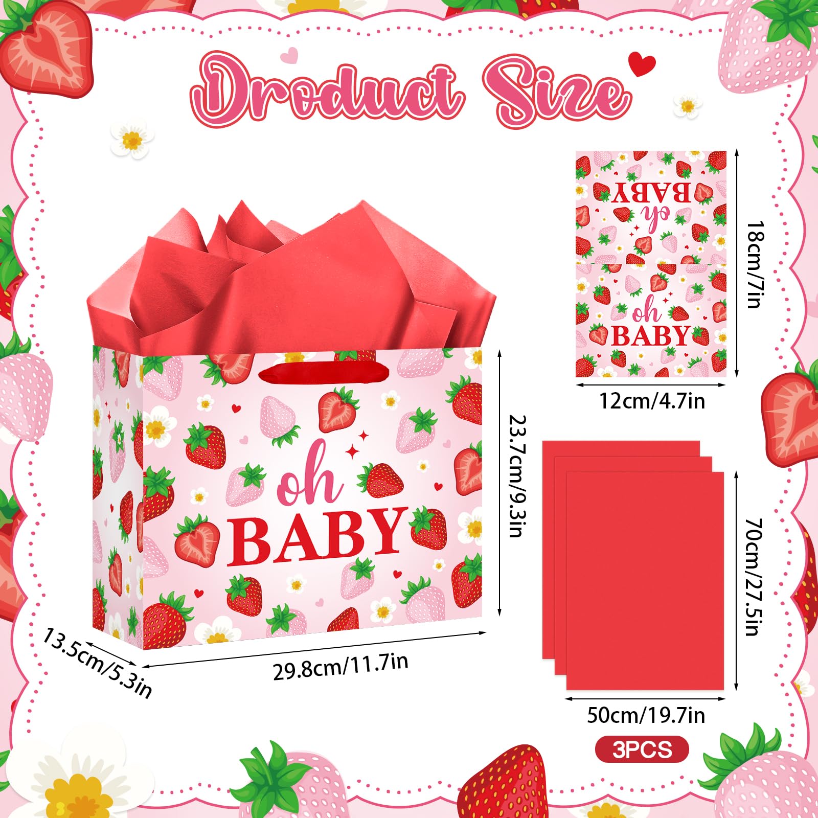 Woosytoo Strawberry Baby Gift Bag with Card Tissue Papers, Pink Berry Baby Shower Wrapping Paper Bag Oh Baby Present Bags for Newborn Congratulations Gifts Gender Reveal Party Favors