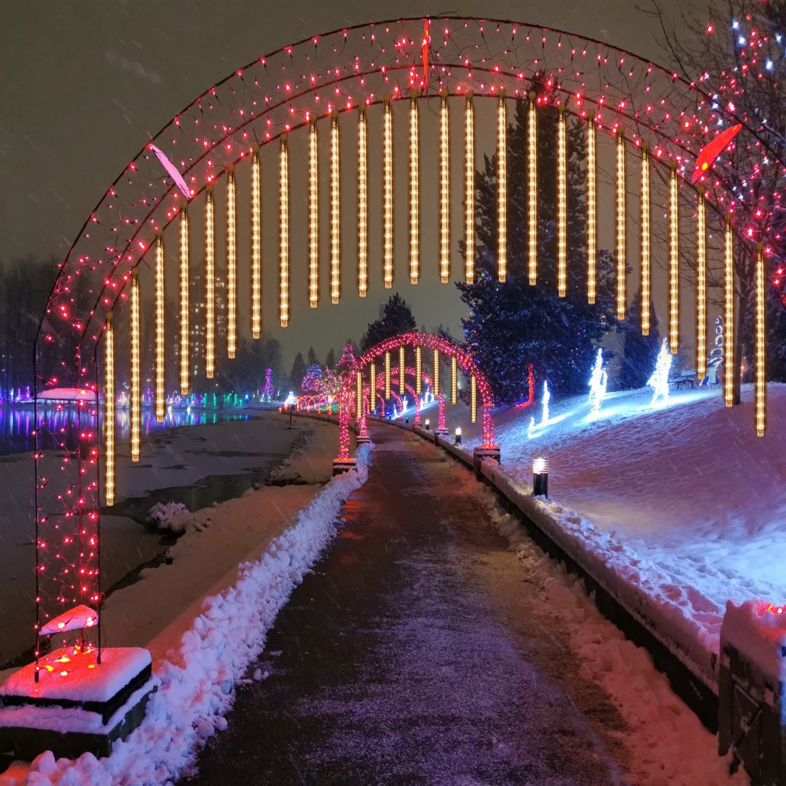 Guirnalda de luces LED de 80 cm, 8 tubos, 576 LED, en cascada, luces LED de Navidad, para boda, Navidad, jardín, decoración del hogar, color blanco cálido