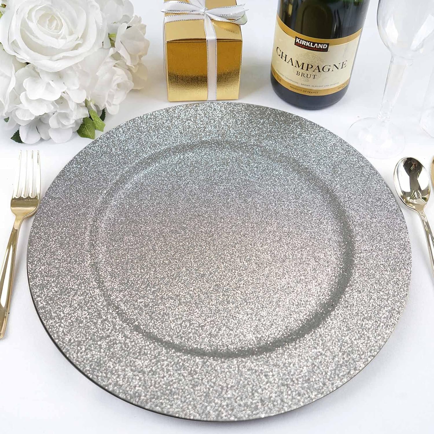 TABLECLOTHSFACTORY 13" Round Silver Glitter Acrylic Plastic Charger Plates for Table Decor -Set of 6