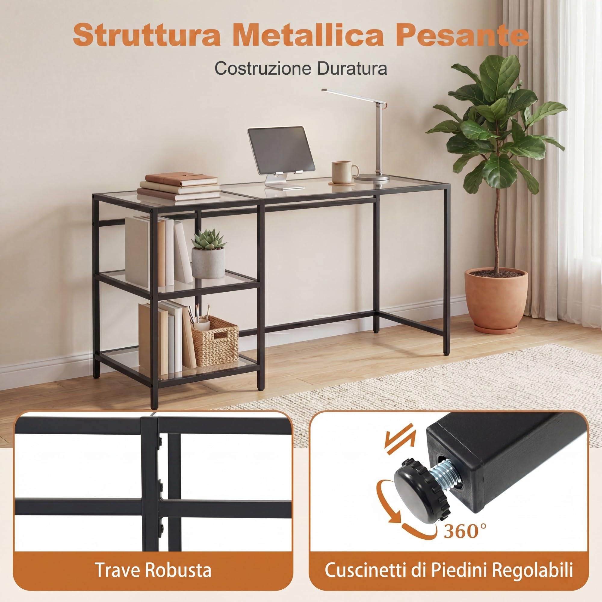 RELAX4LIFE Scrivania in Vetro Temperato, Scrivania per Computer con 2 Ripiani Aperti e Struttura in Metallo, Tavolo Consolle Moderno per Soggiorno, Ufficio e Studio, 106 x 51 x 77,5 cm (Nero)