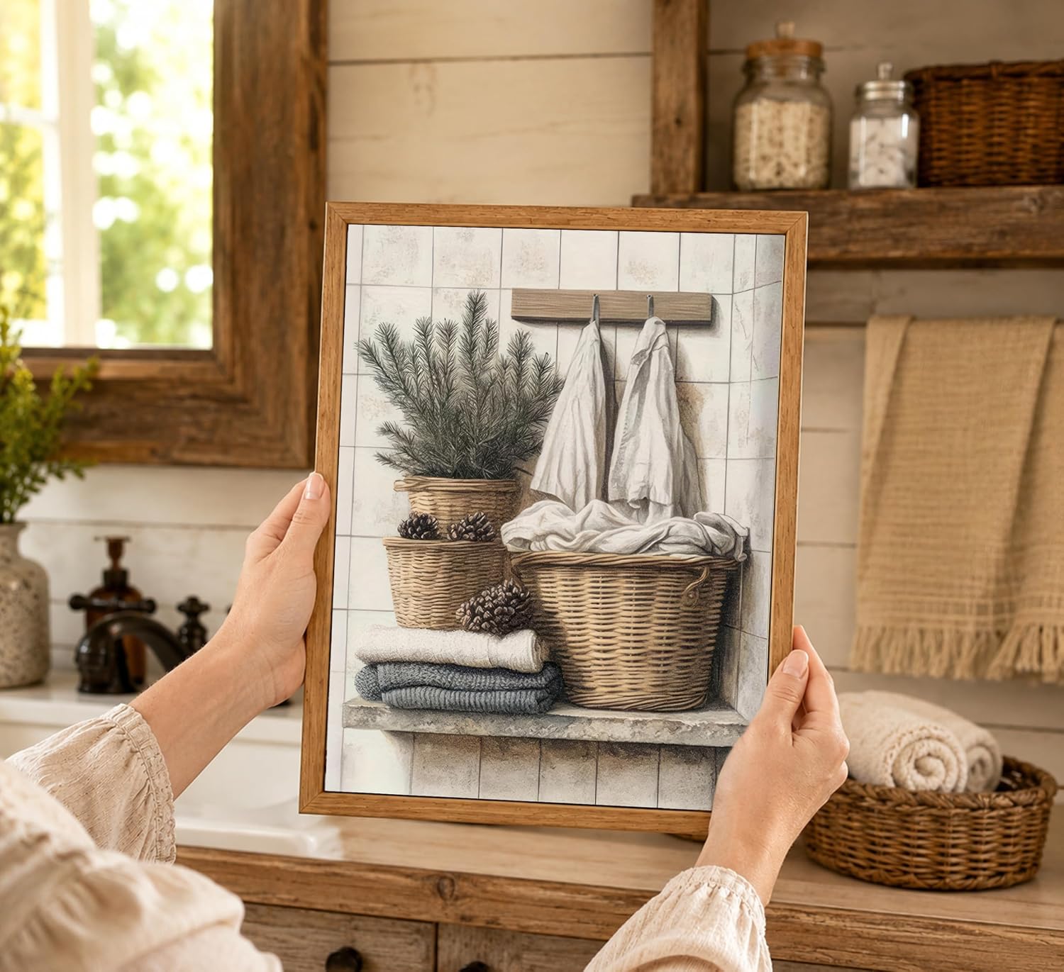 Floating Framed Farmhouse Bathroom Canvas Wall Art, Rustic Neutral Decor image 5