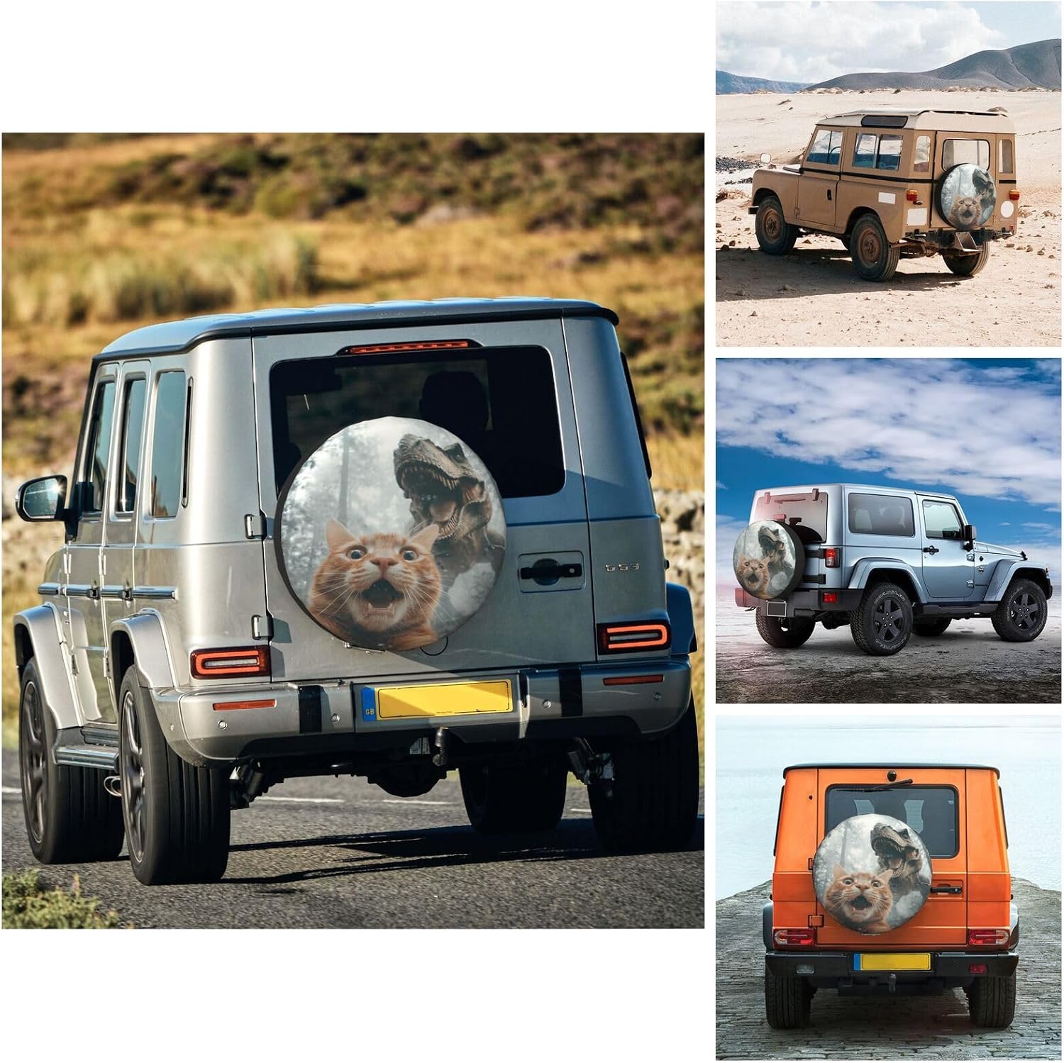Cat Selfie with Dinosaur Spare Tire Cover Waterproof Wheel Cover 15 Inch Universal Fit for Jeep Trailer Rv SUV Truck Uv Protection Dustproof Tire Cover Outdoor Travel Camping Gift