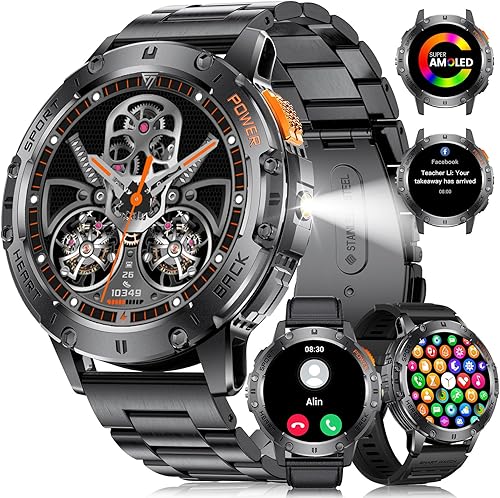 LIGE Reloj inteligente para hombre con linterna, reloj inteligente de 1.43 pulgadas con pantalla siempre, más de 100 modos deportivos, 530 mAh,
