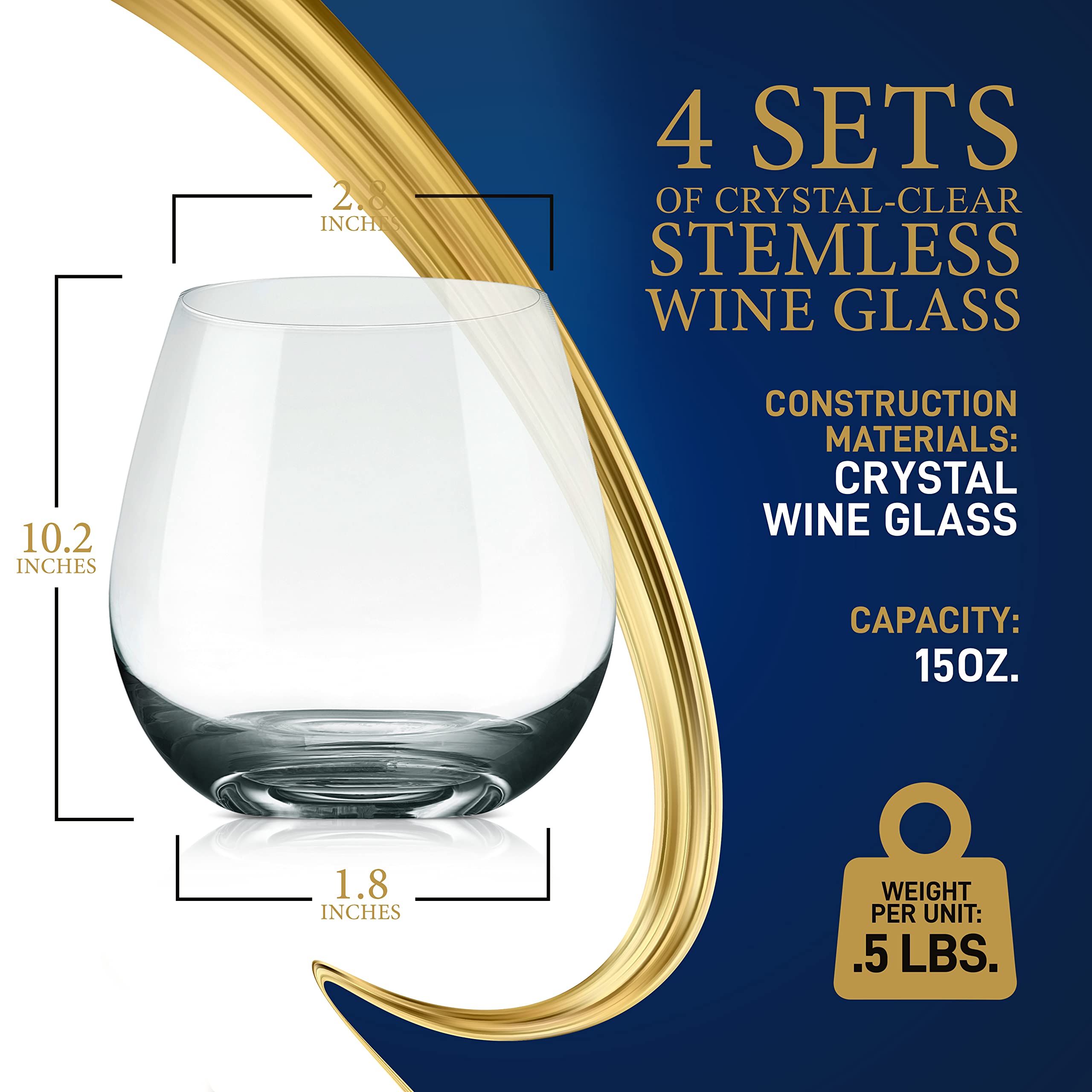 NutriChef Copas de vino sin tallo de 15 onzas, juego de 4 vasos de cristal transparente ultrafinos y elegantes, sin plomo, soplado a mano, sin costuras, apto para lavavajillas, para cualquier ocasión