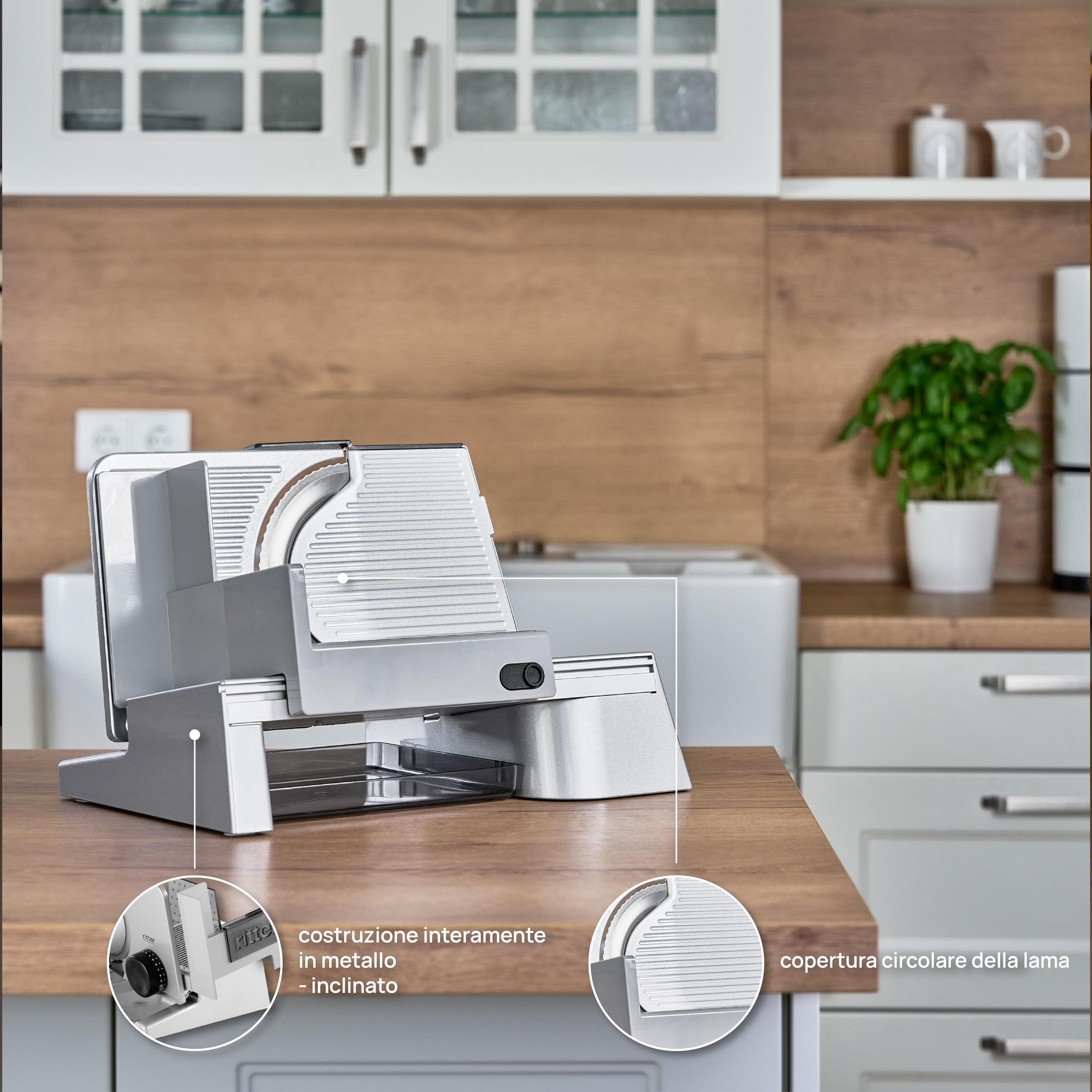 ritter Solida 4, affettatrice elettrica con Motore Eco, Made in Germany, 65 W, Metallo, Argento Metallico