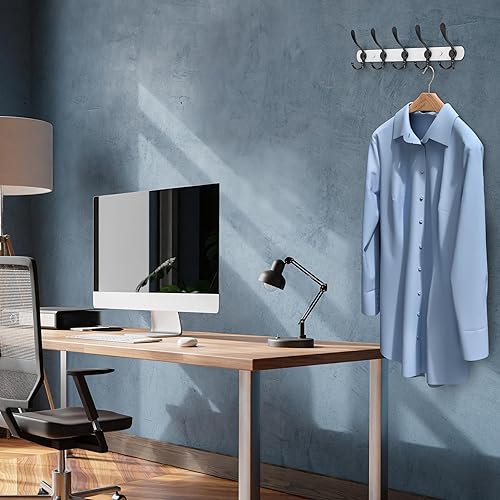 Miniatura 3 de Perchero blanco y negro montado en la pared, de acero inoxidable resistente de 16 pulgadas, acabado mate, 5 ganchos para colgar toallas, bolsas,